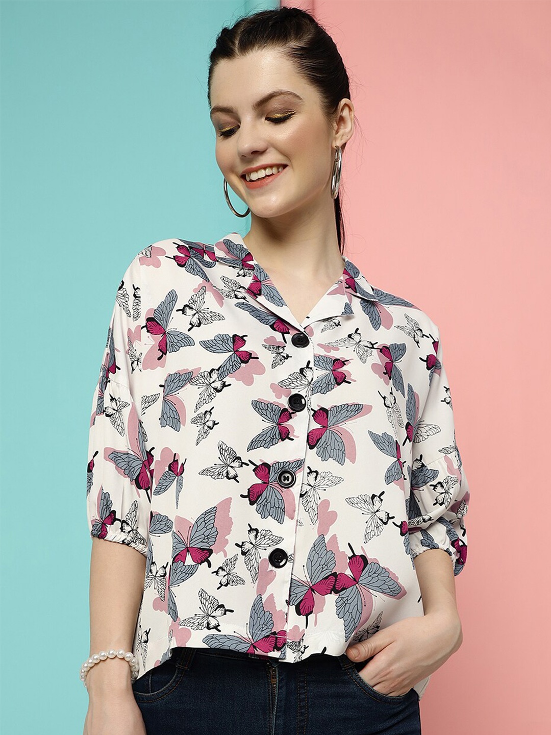 

FashionsEye Floral Printed Cuban Collar Crepe Shirt Style Top, White