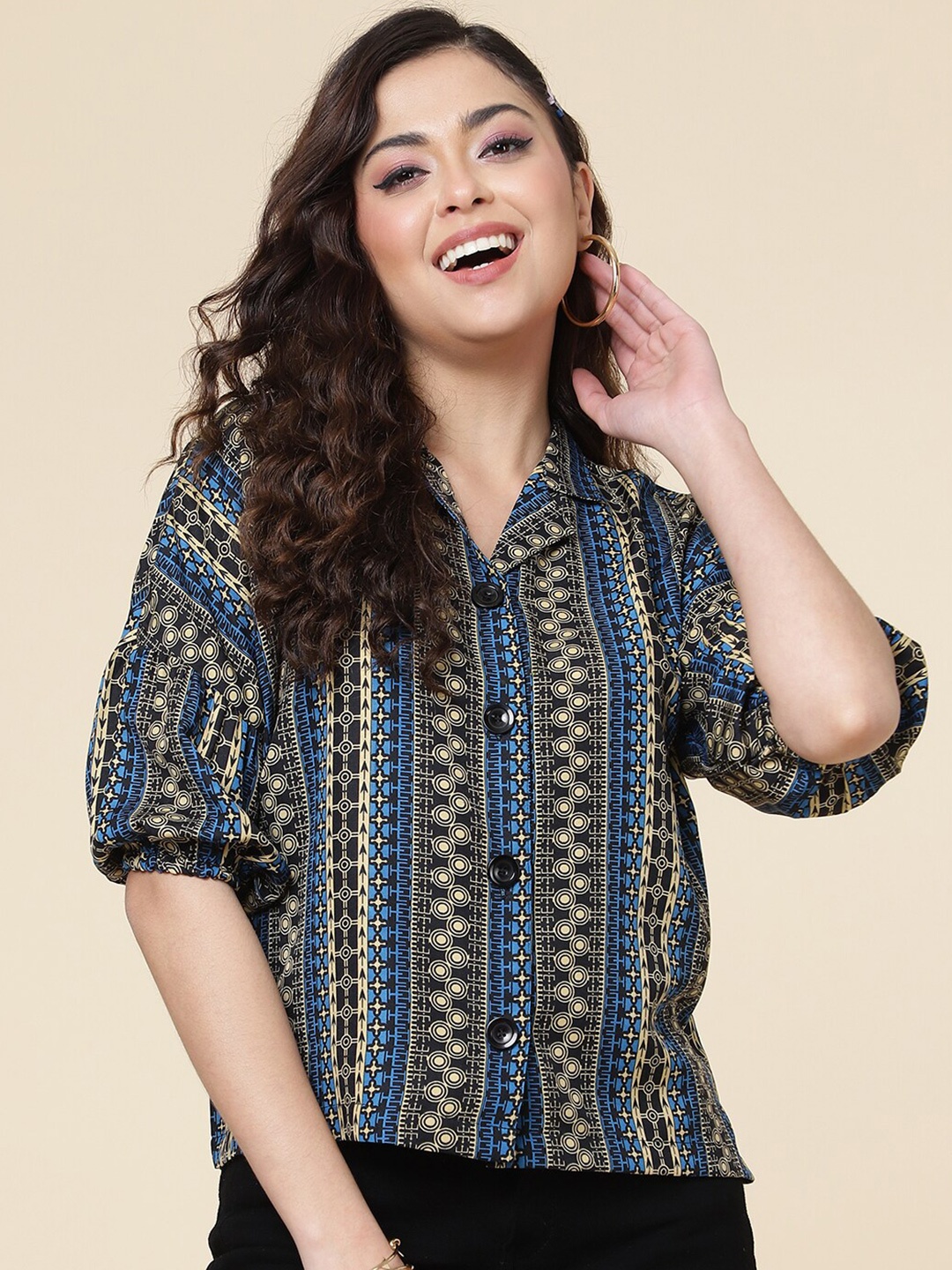 

FashionsEye Ethnic Motifs Printed Crepe Shirt Style Top, Blue