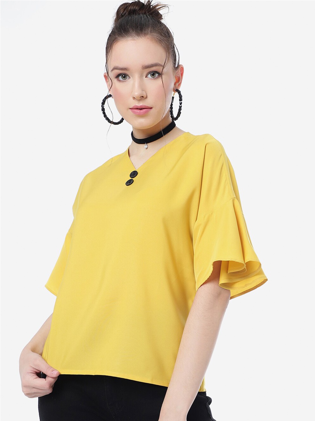 

FashionsEye V-Neck Extended Sleeves Crepe Top, Yellow