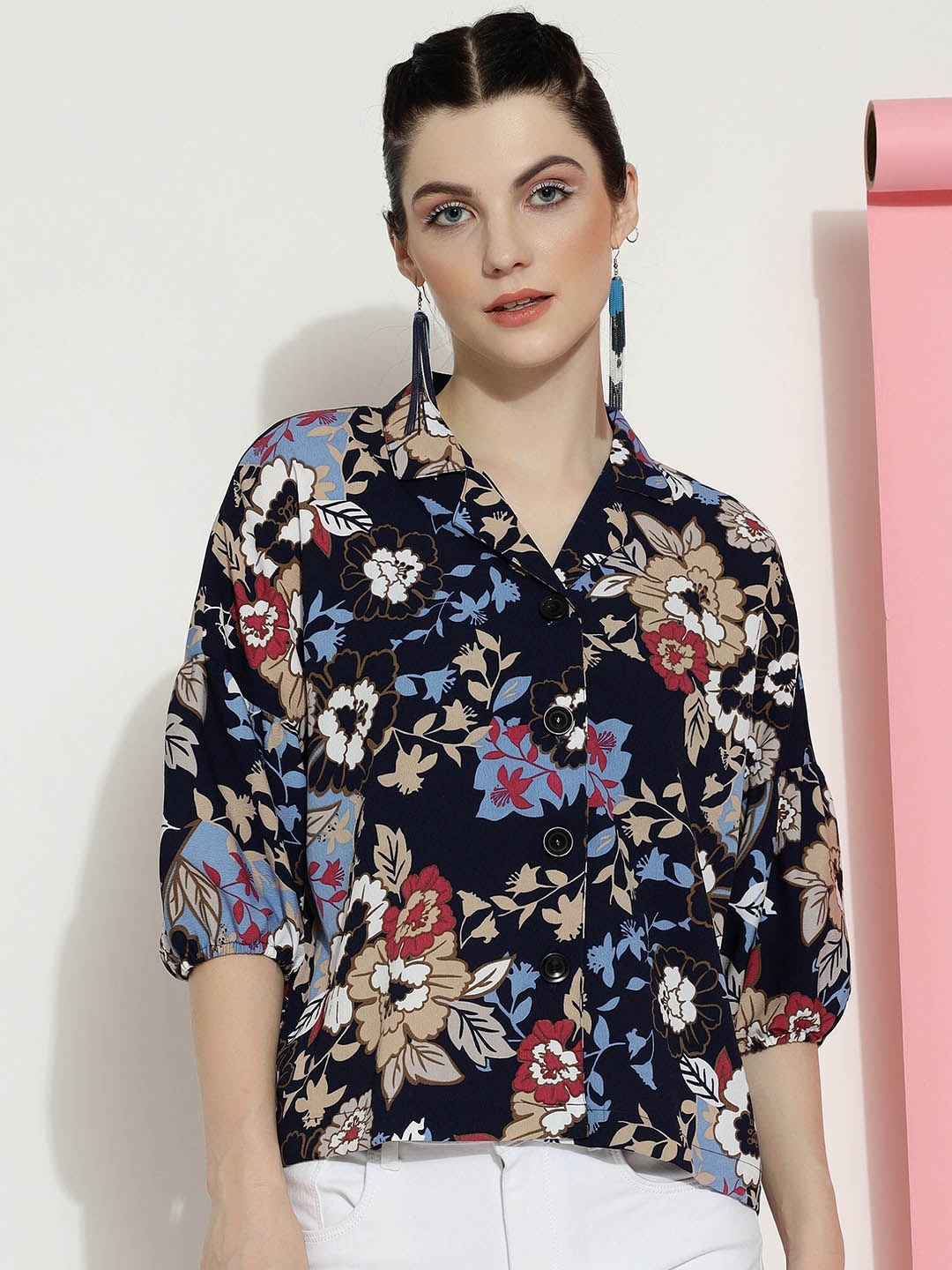 

FashionsEye Floral Printed Puff Sleeves Shirt Style Top, Navy blue