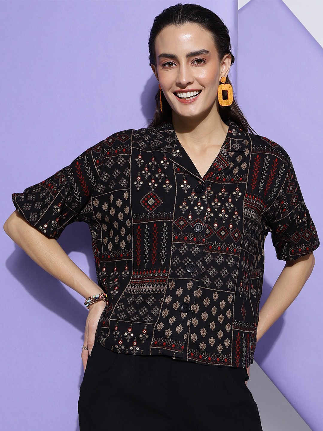 

FashionsEye Ethnic Motifs Printed Puff Sleeves Shirt Style Top, Black