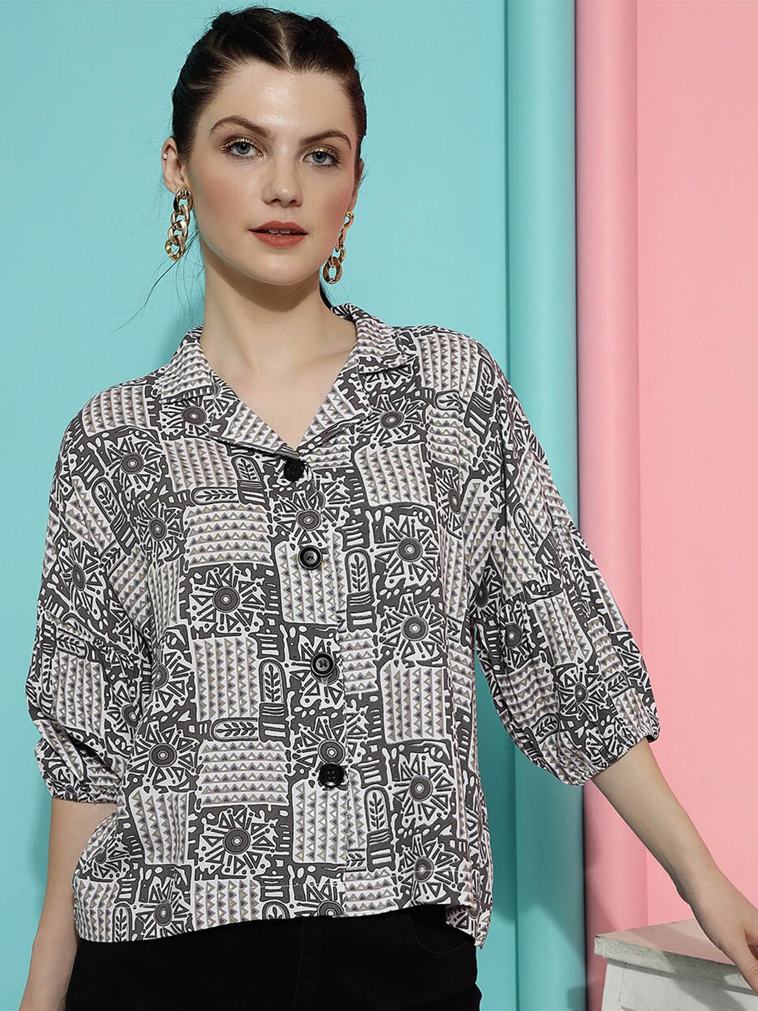 

FashionsEye Geometric Printed Cuban Collar Puff Sleeve Shirt Style Top, Grey