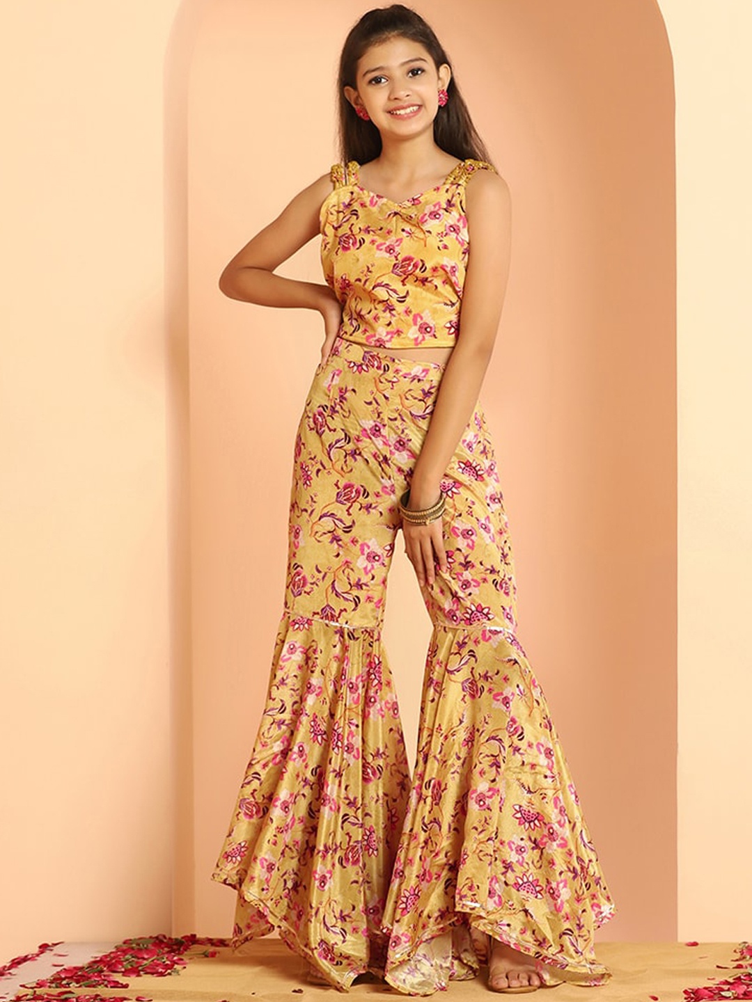 

FASHION DREAM Girls Floral Printed Shoulder Straps Crop Top with Palazzos, Mustard