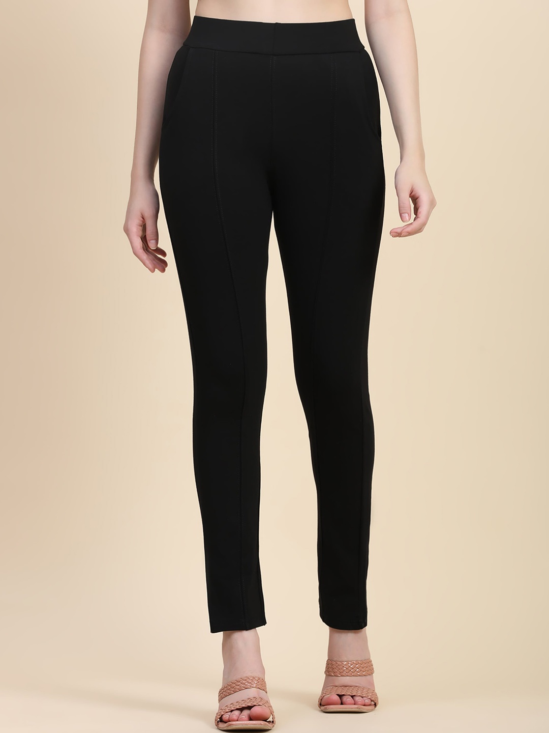 

BAHUJI Women Mid-Raise Smart Slim Fit Casual Trousers, Black