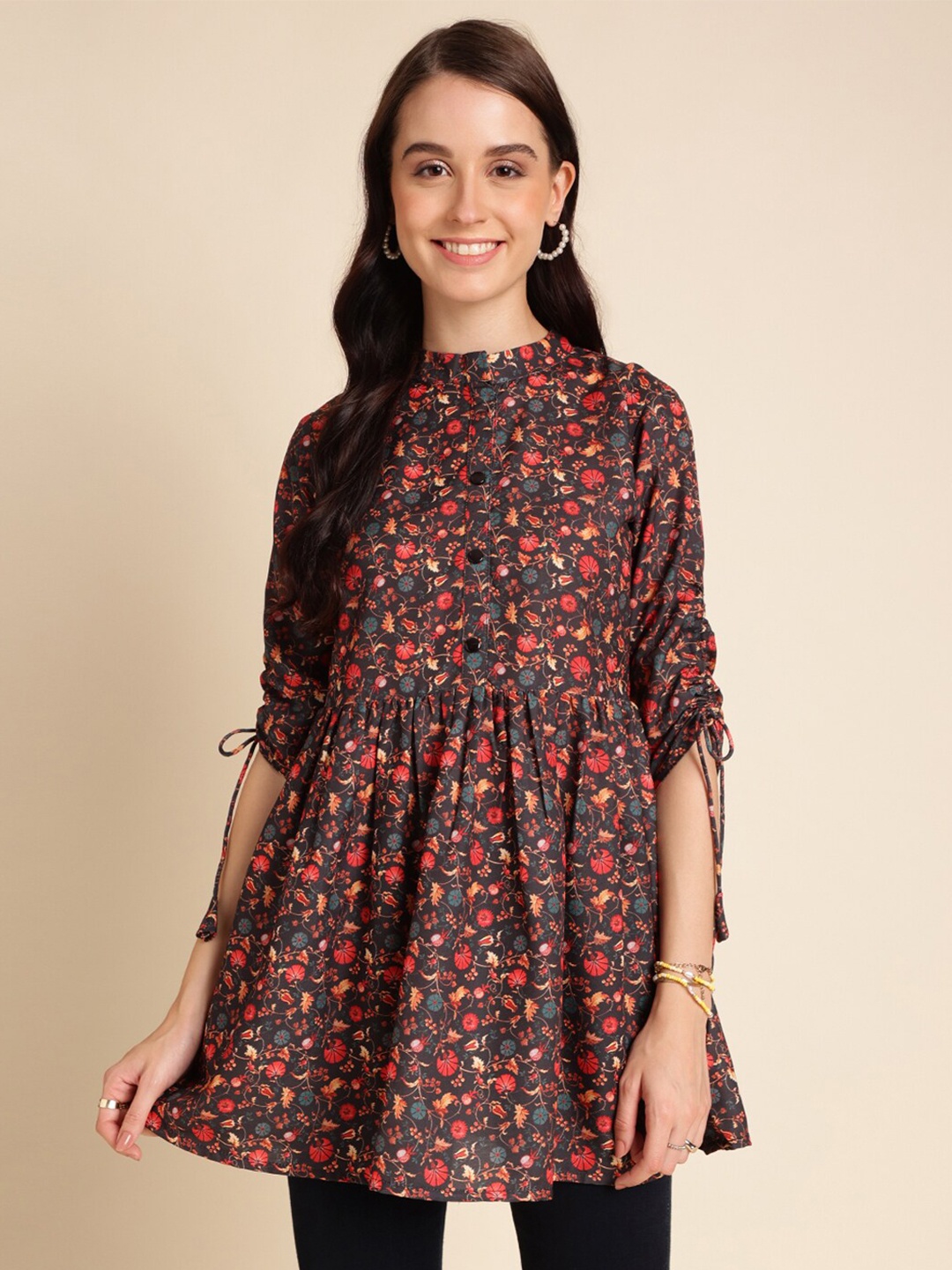 

HERE&NOW Floral Printed Mandarin Collar Tunics, Black