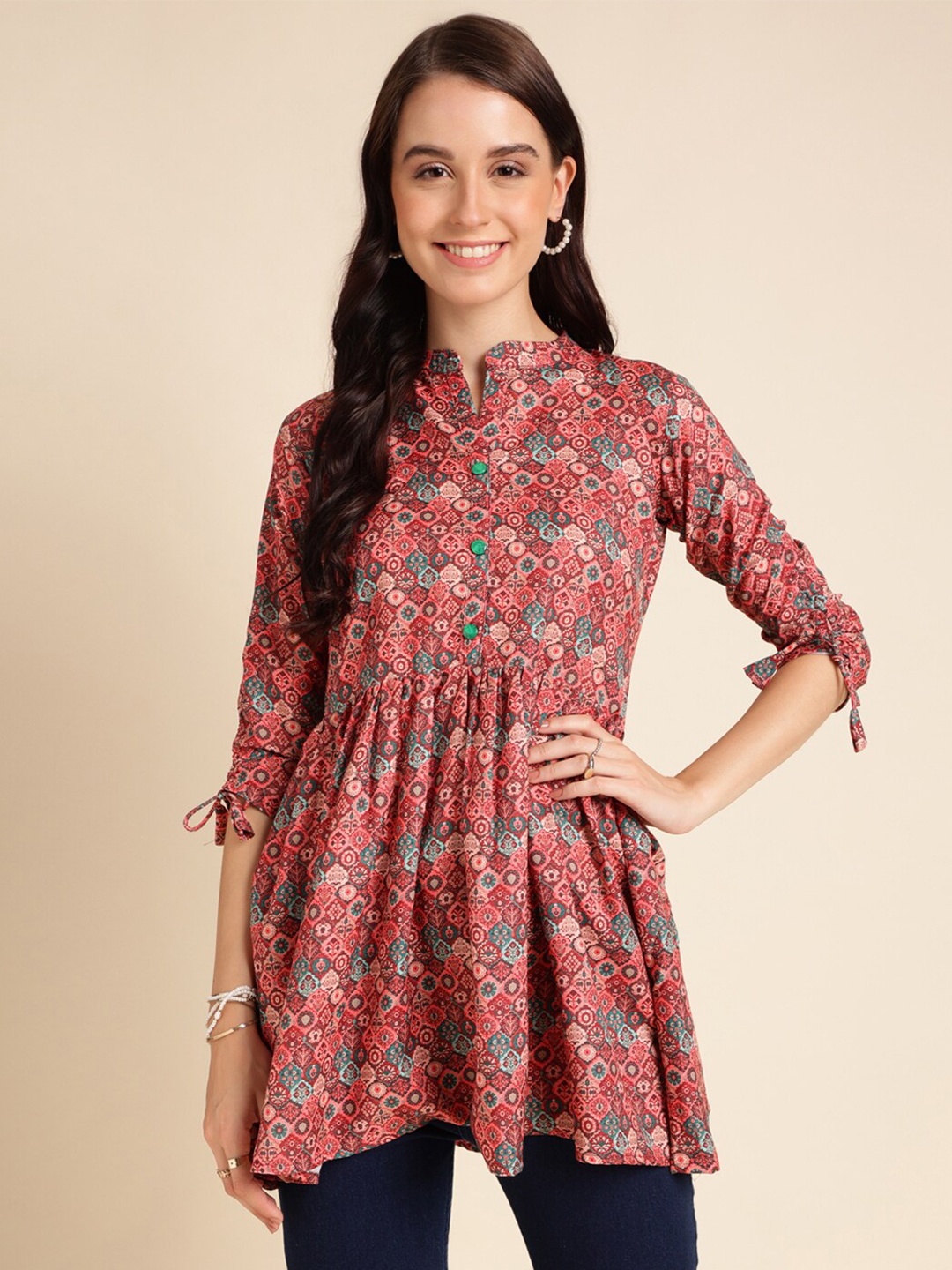 

HERE&NOW Red Ethnic Motifs Printed Mandarin Collar A-Line Top