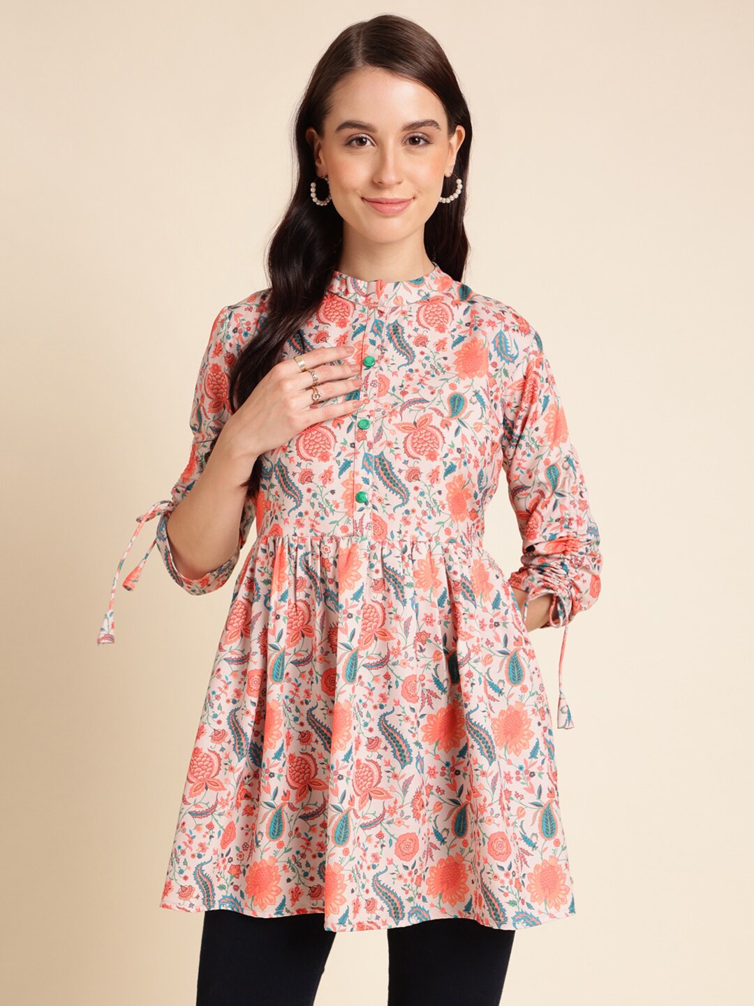 

HERE&NOW Orange Floral Printed Mandarin Collar A-Line Top