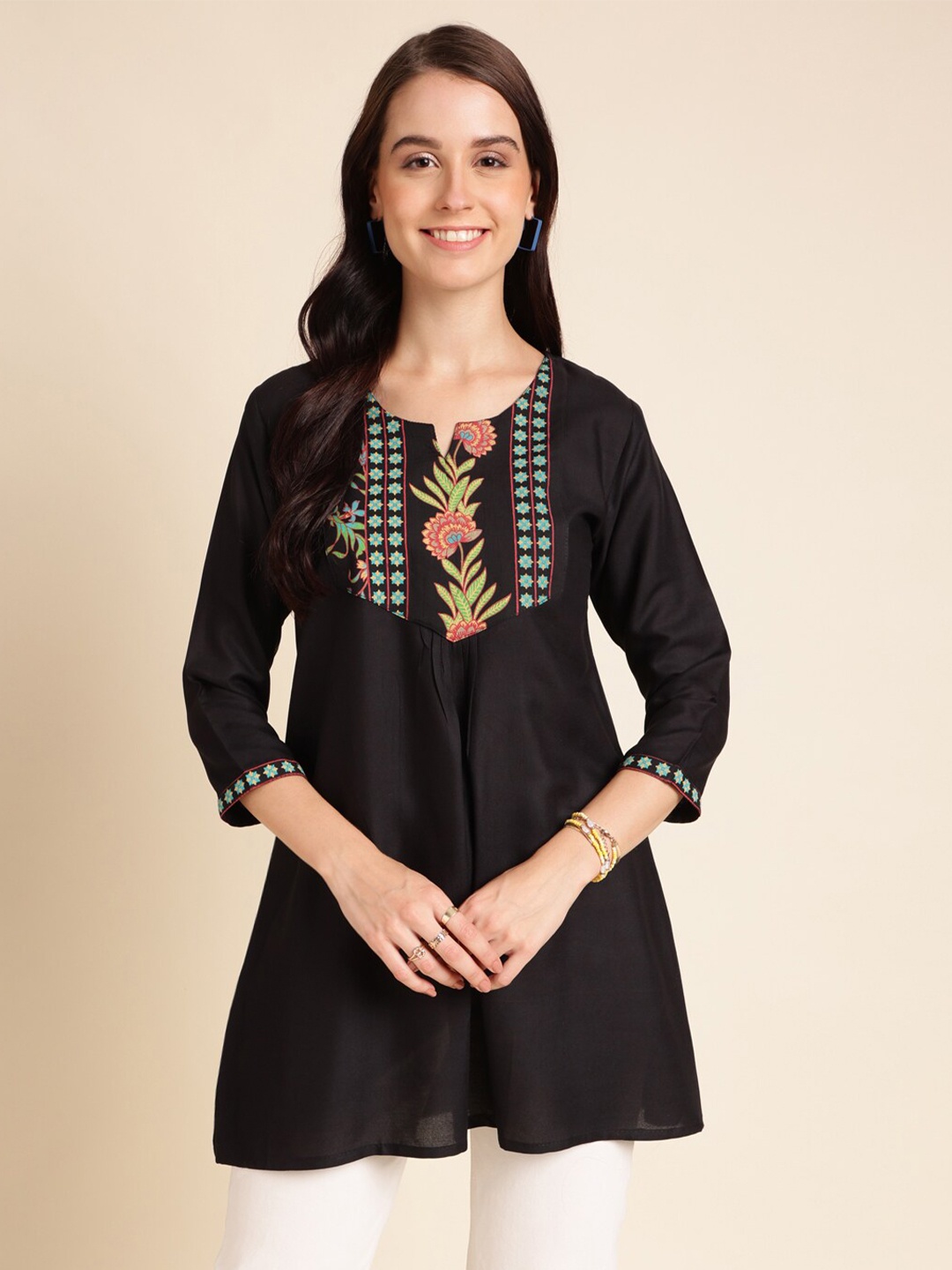 

HERE&NOW Floral Embroidered Ethnic Tunics, Black