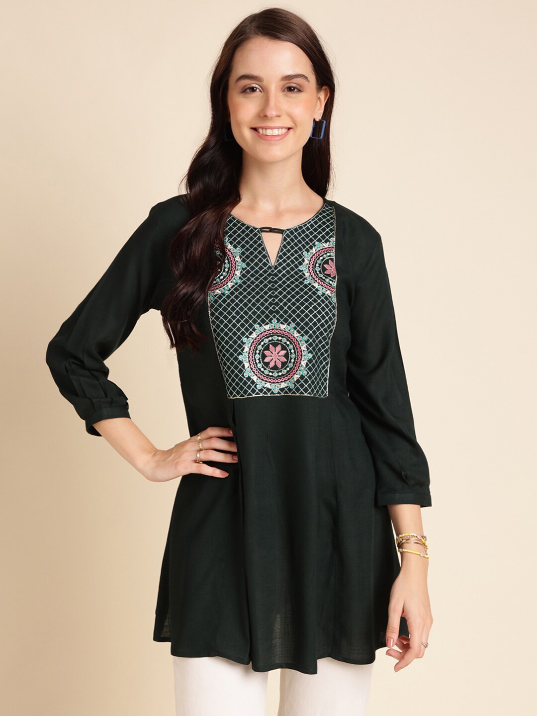 

HERE&NOW Women Floral Embroidered Round Neck A-Line Top, Green