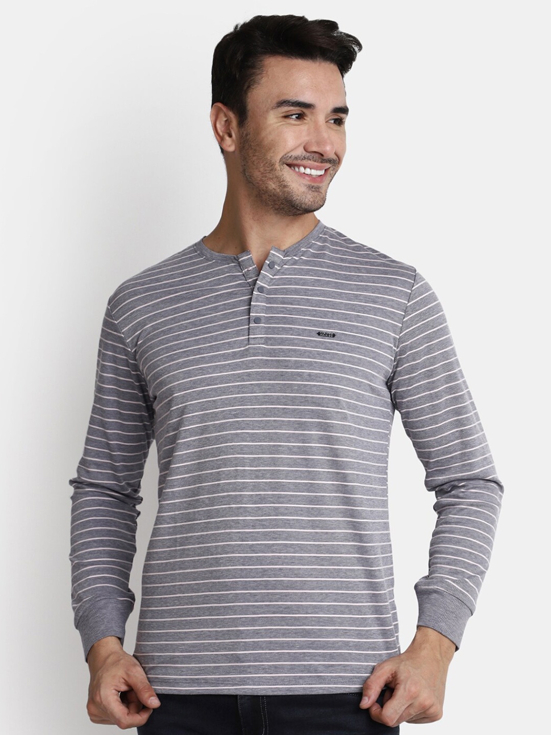 

V-Mart Striped Henley-Neck Cotton T-shirt, Grey