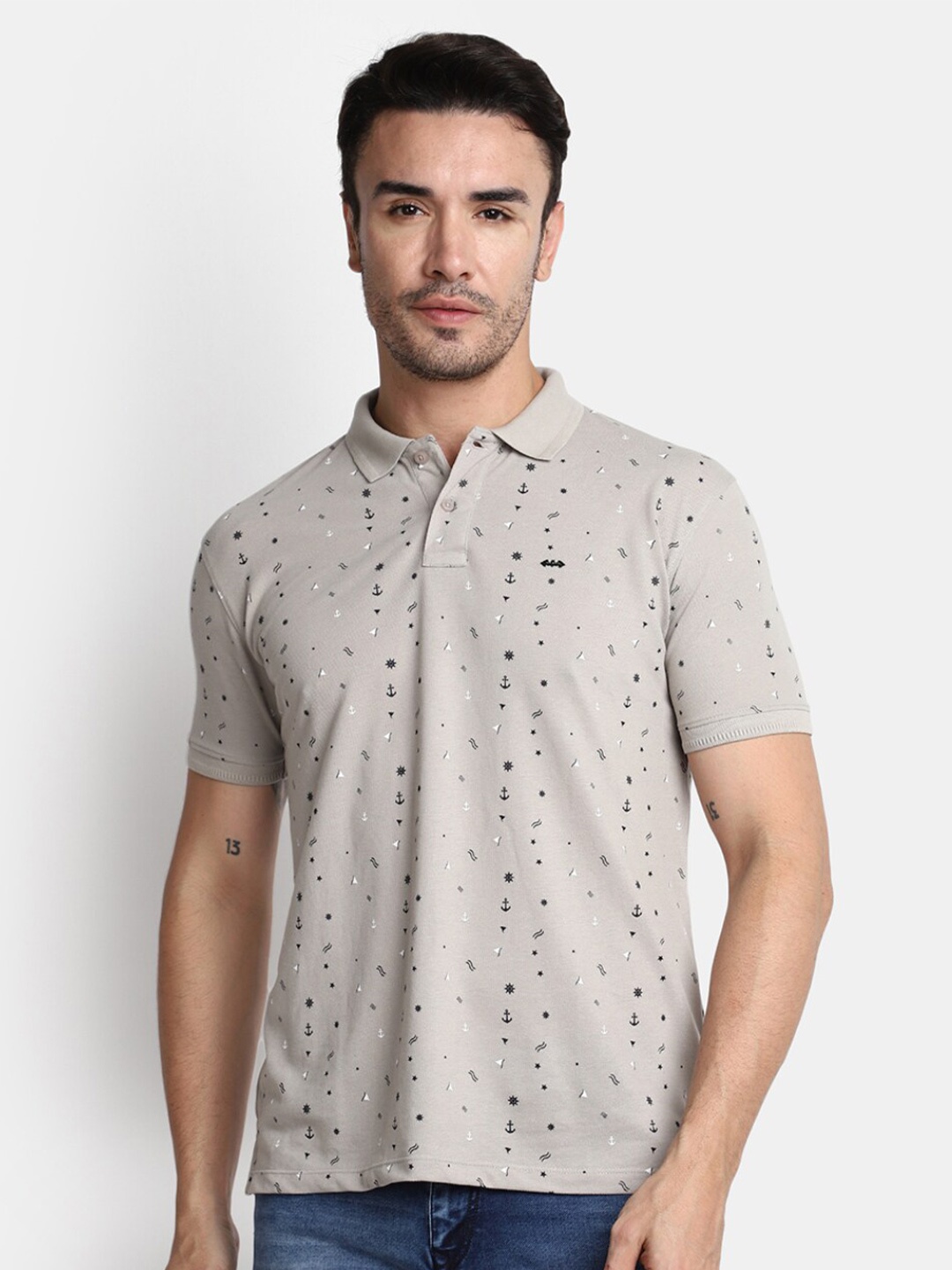 

V-Mart Printed Polo Collar Cotton T-shirt, Grey