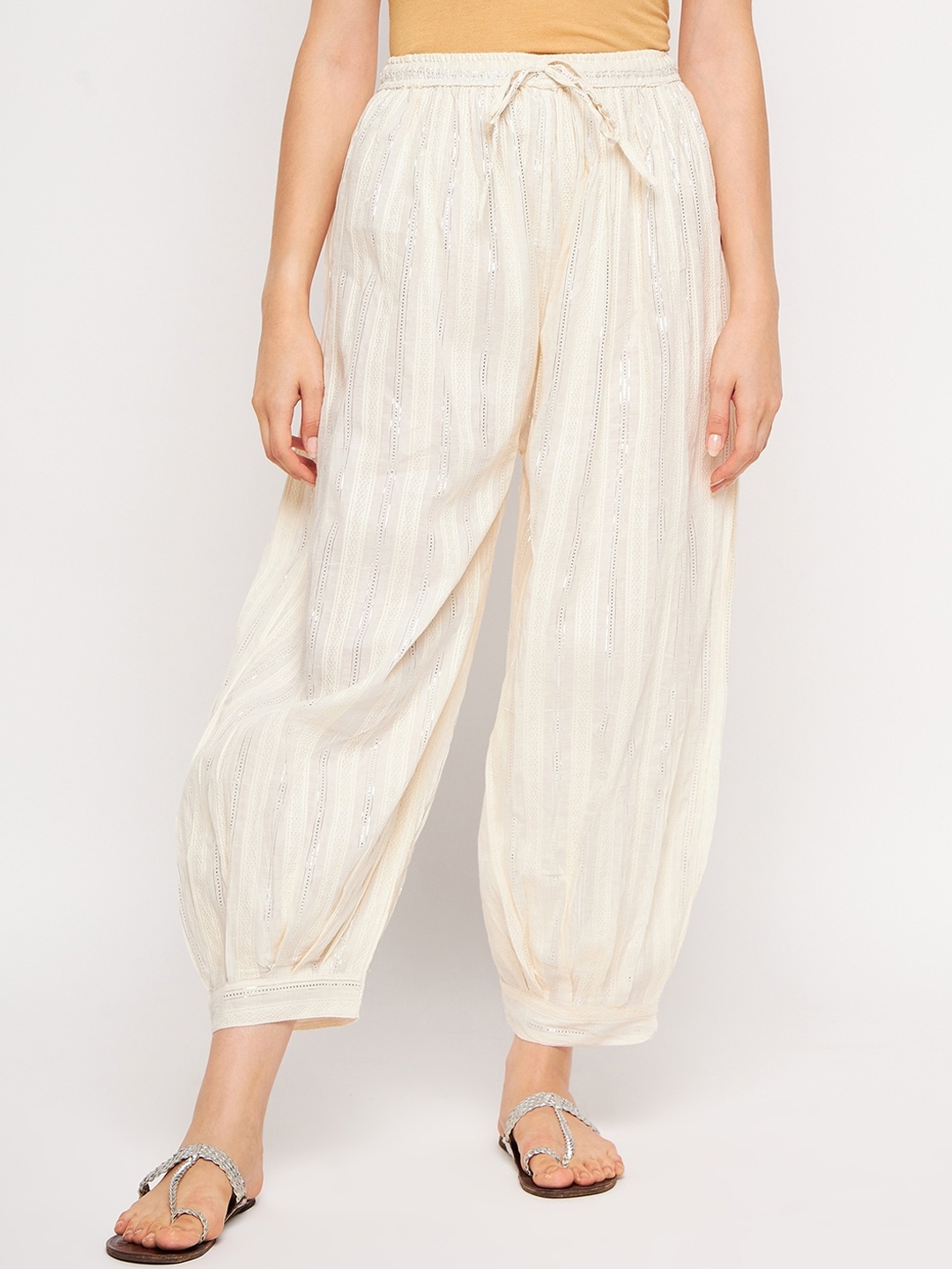 

Castle Lifestyle Striped Loose-Fit Pure Cotton Cropped Afghani Salwar, Off white
