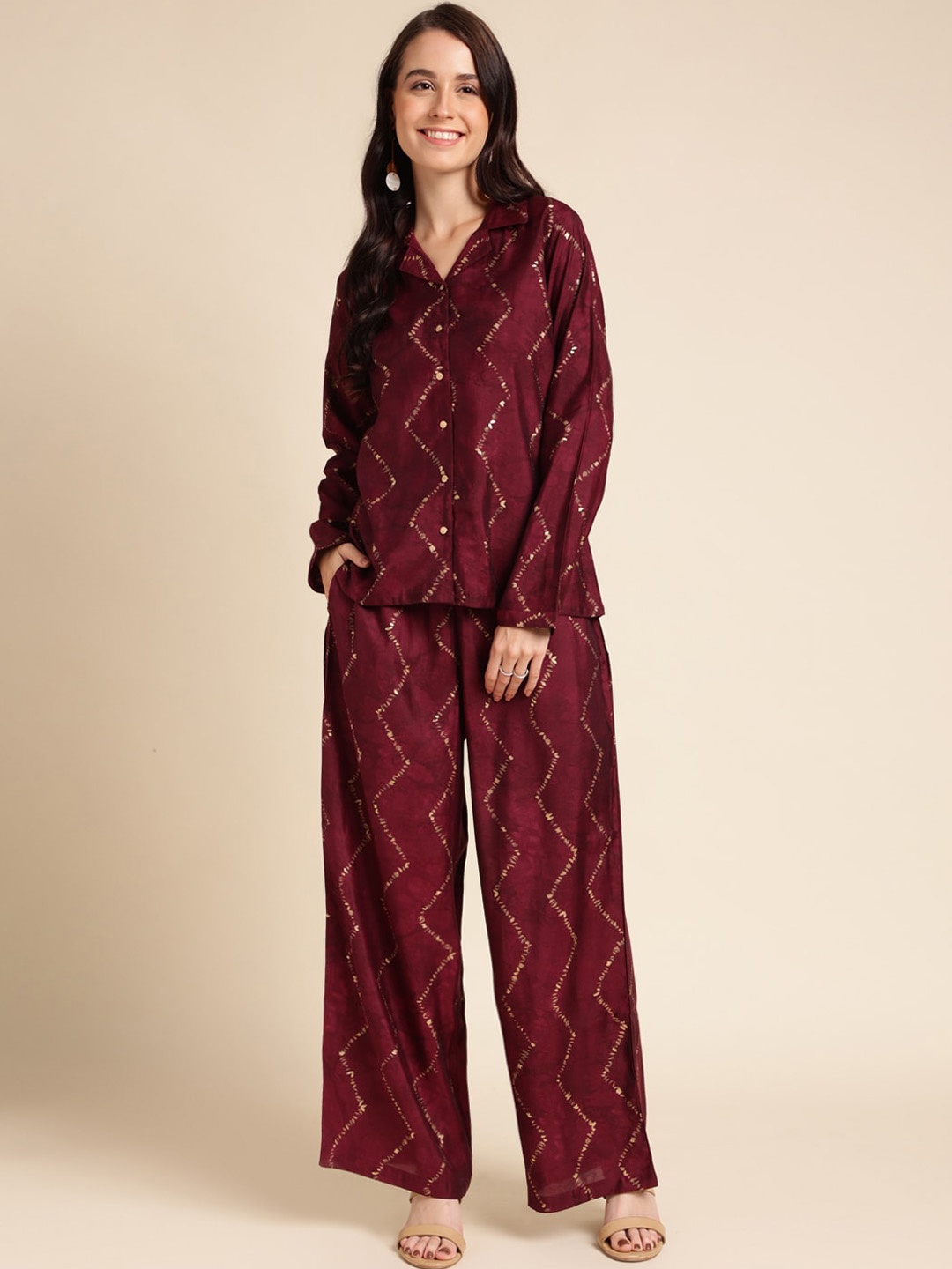 

HERE&NOW Printed Cuban Collar Co-Ords, Maroon