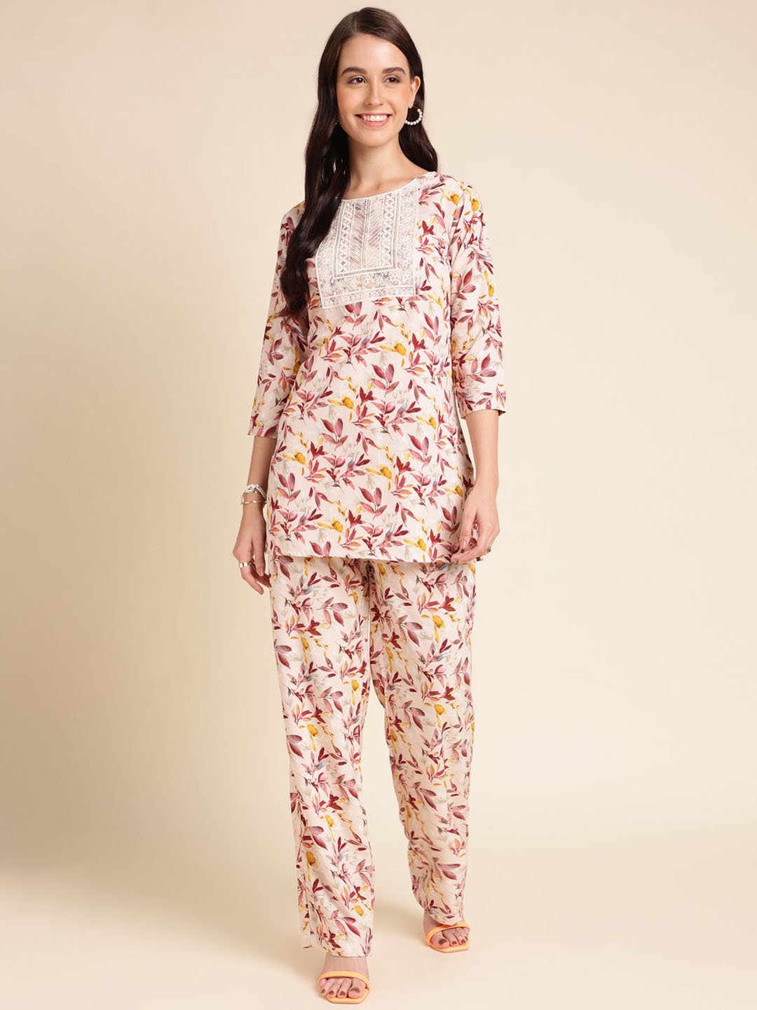 

HERE&NOW Printed Round Neck Co-Ords, Beige