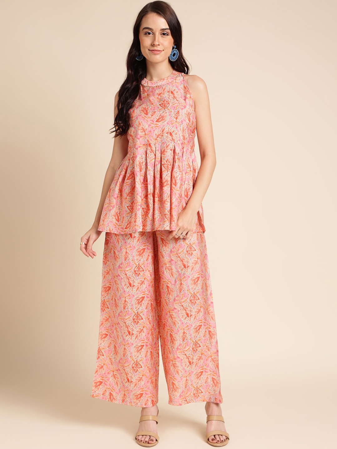 

HERE&NOW Peach-Coloured Floral Foil Printed Halter Neck Top With Trousers