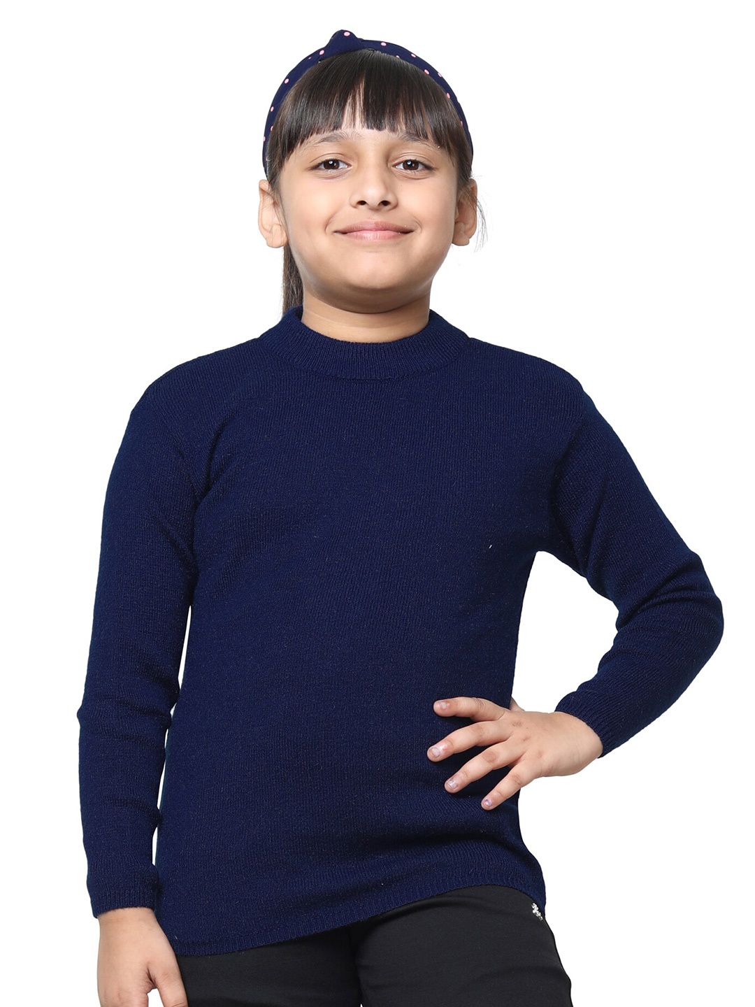 

IndiWeaves Girls Round Neck Woollen Pullover Sweater, Navy blue