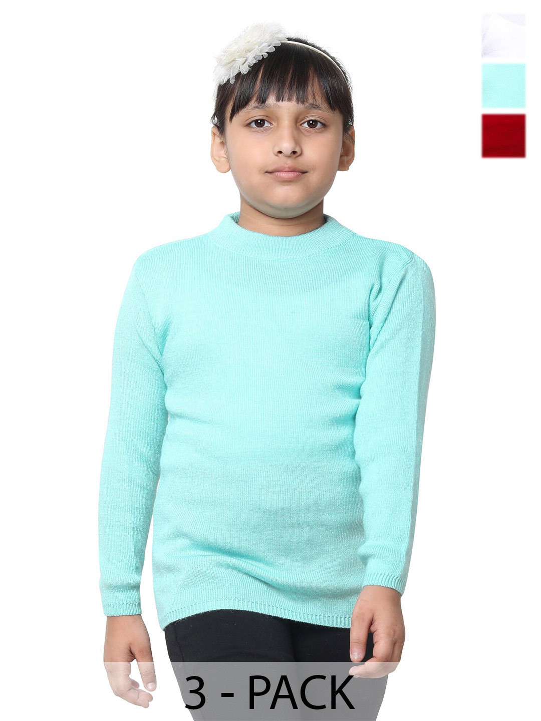 

IndiWeaves Girls Pack Of 3 High Neck Woollen Pullover Sweater, White