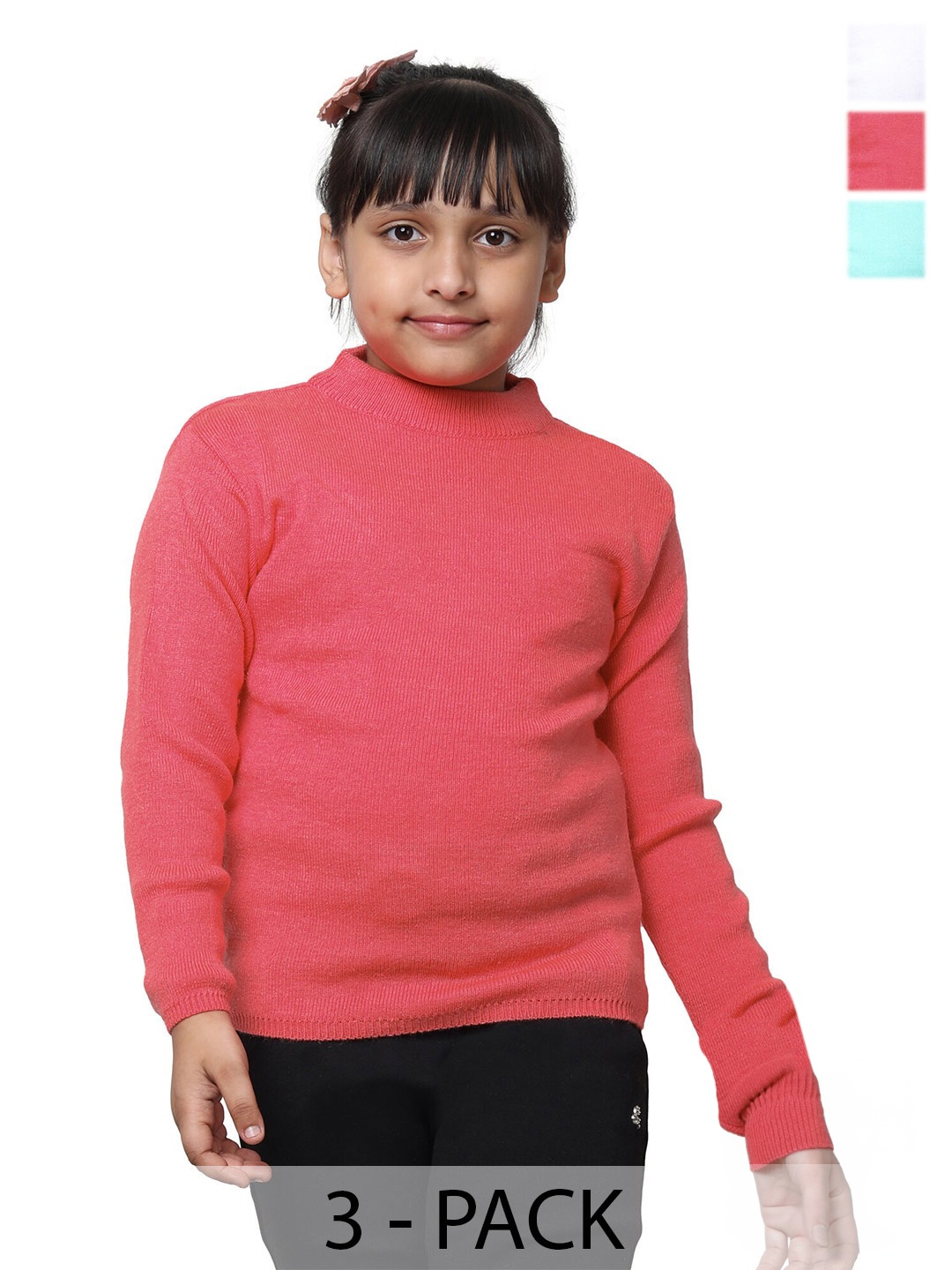 

IndiWeaves Girls Pack Of 3 High Neck Woollen Pullover Sweater, Pink