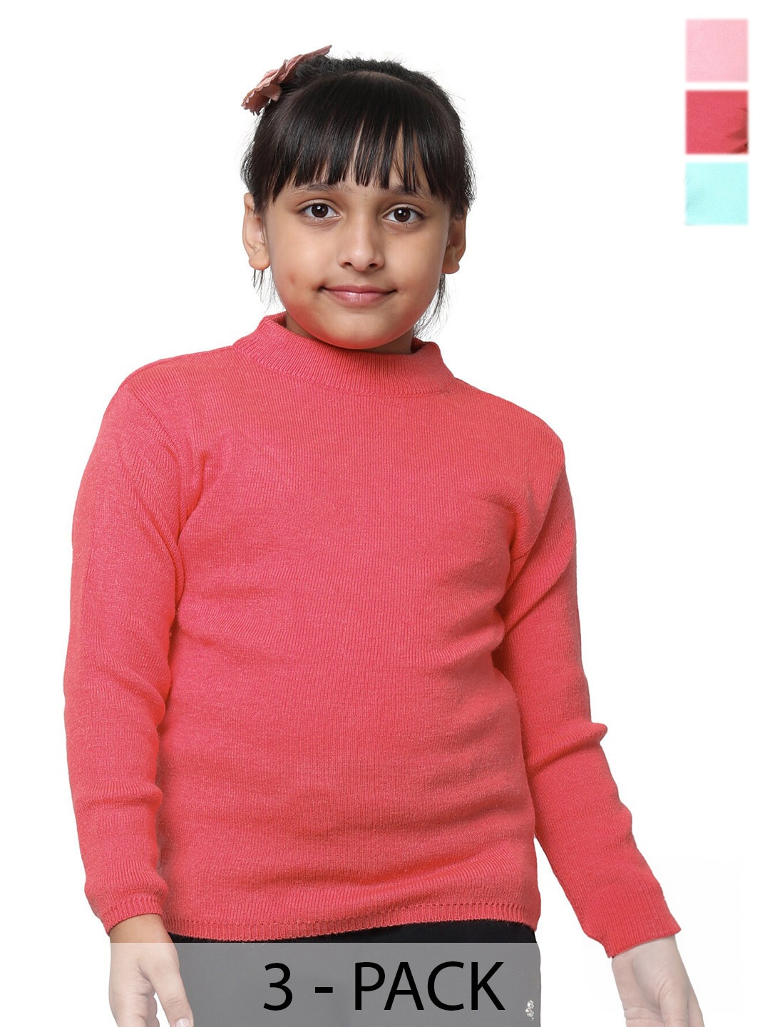 

IndiWeaves Girls Pack Of 3 High Neck Woollen Pullover Sweater, Pink