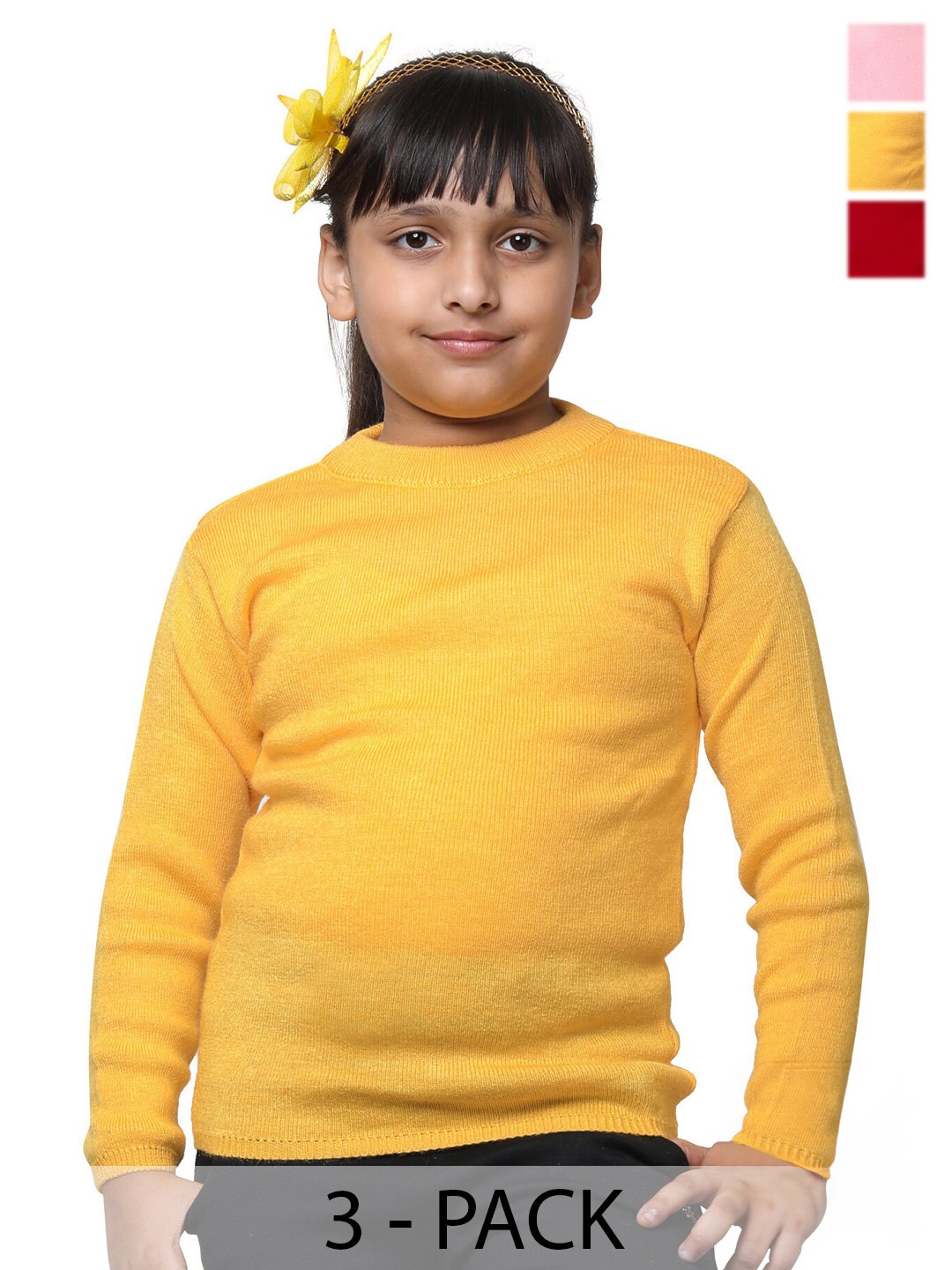 

IndiWeaves Girls Pack Of 3 High Neck Woollen Pullover Sweater, Yellow