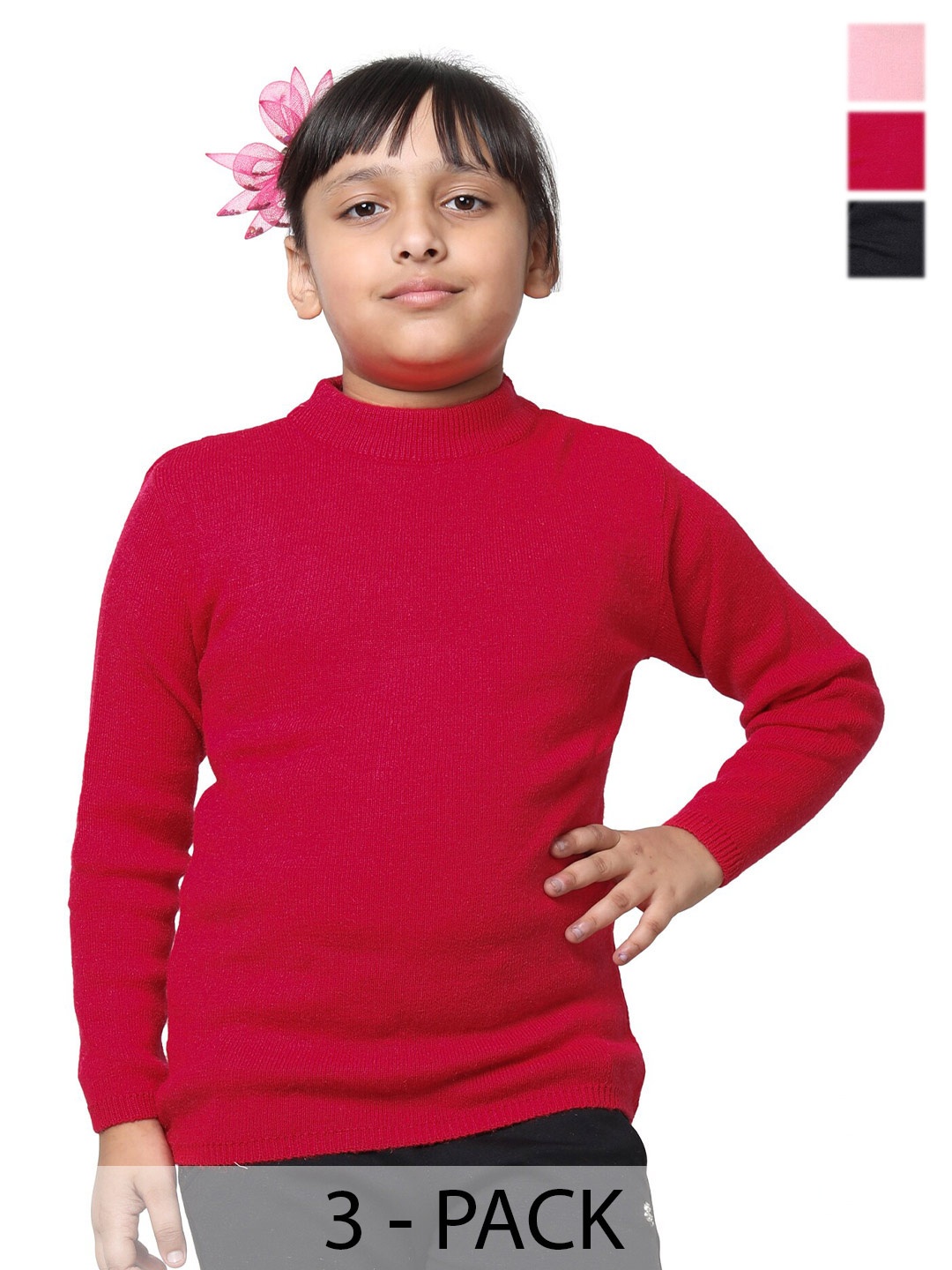 

IndiWeaves Girls Pack Of 3 High Neck Woollen Pullover Sweater, Pink