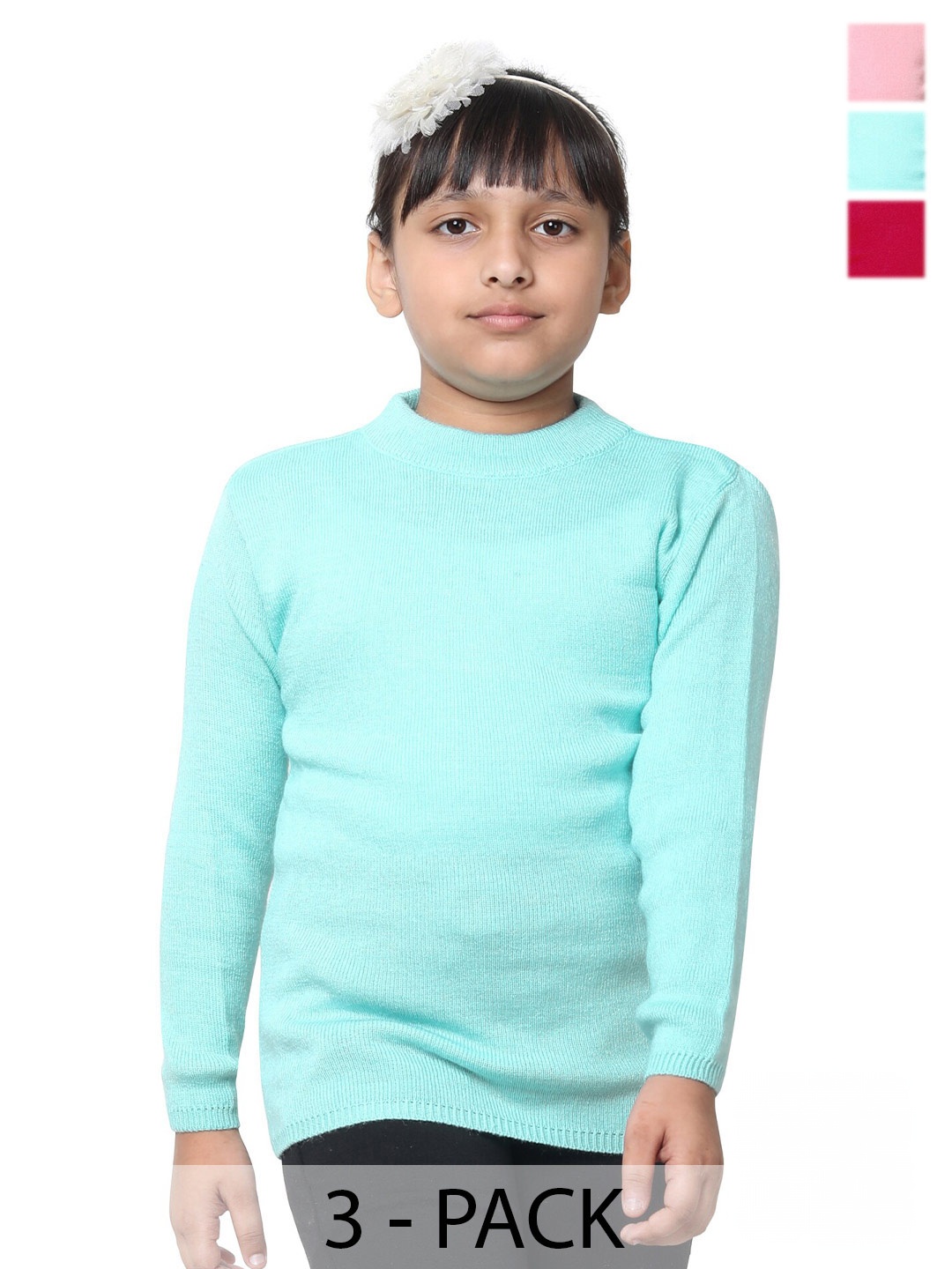

IndiWeaves Girls Pack Of 3 High Neck Woollen Pullover Sweater, Blue