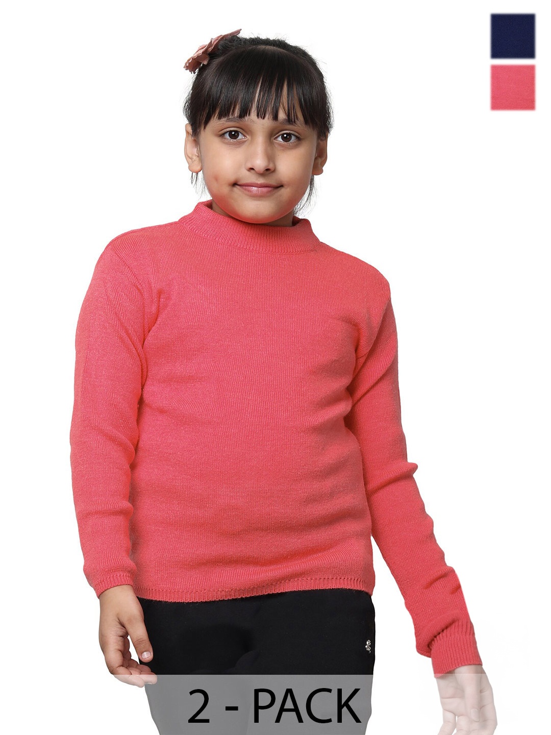 

IndiWeaves Girls Pack Of 2 High Neck Woollen Pullover Sweater, Navy blue