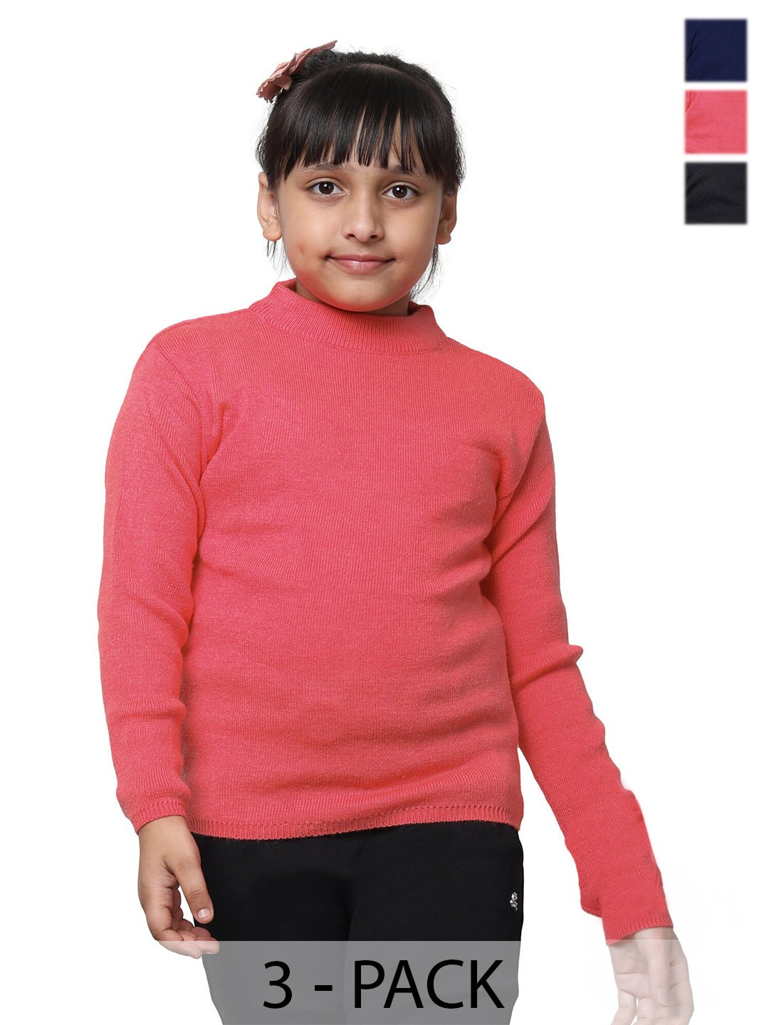 

IndiWeaves Girls Pack of 3 High Neck Woollen Pullover, Blue