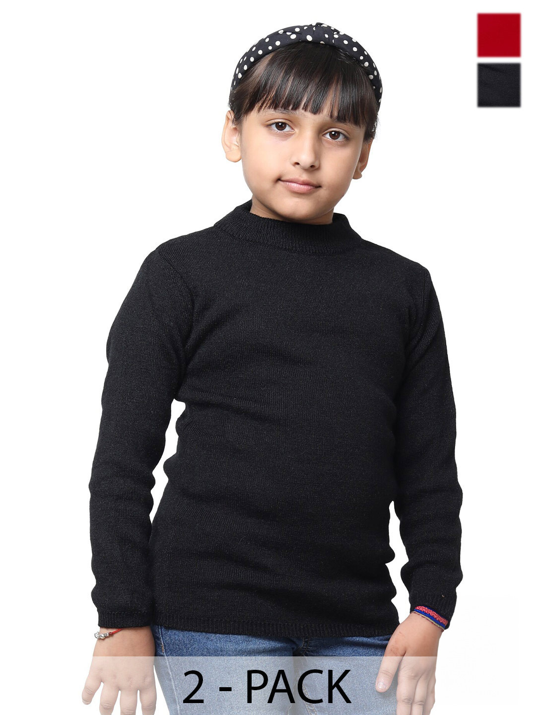 

IndiWeaves Girls Pack of 2 High Neck Woollen Pullover, Black