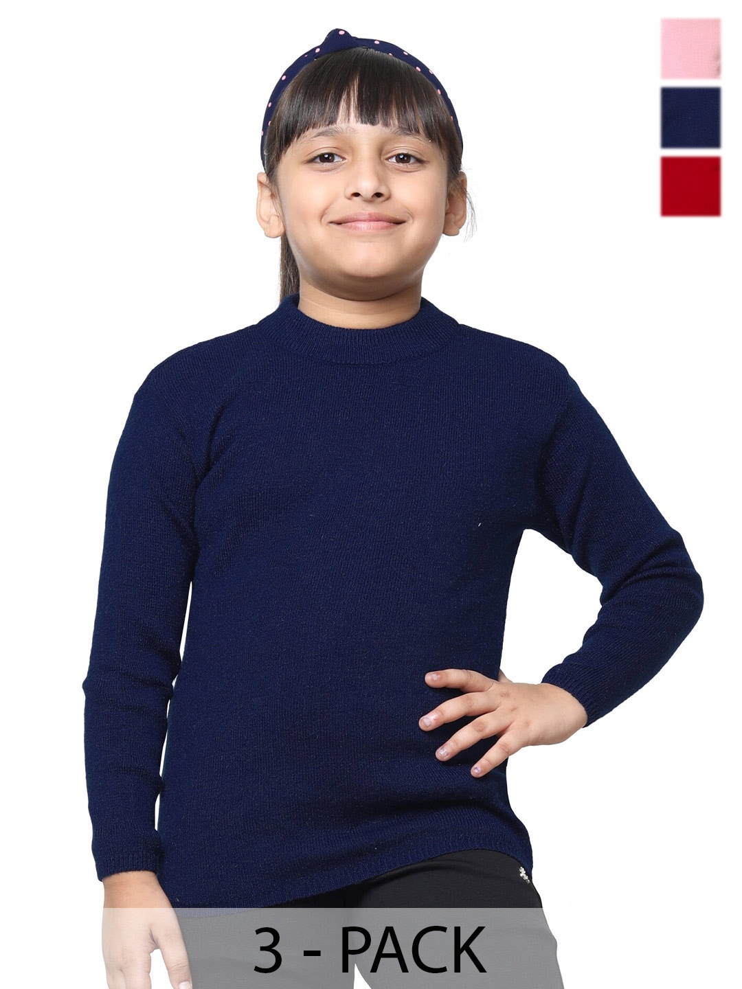 

IndiWeaves Girls Pack of 3 High Neck Woollen Pullover, Navy blue
