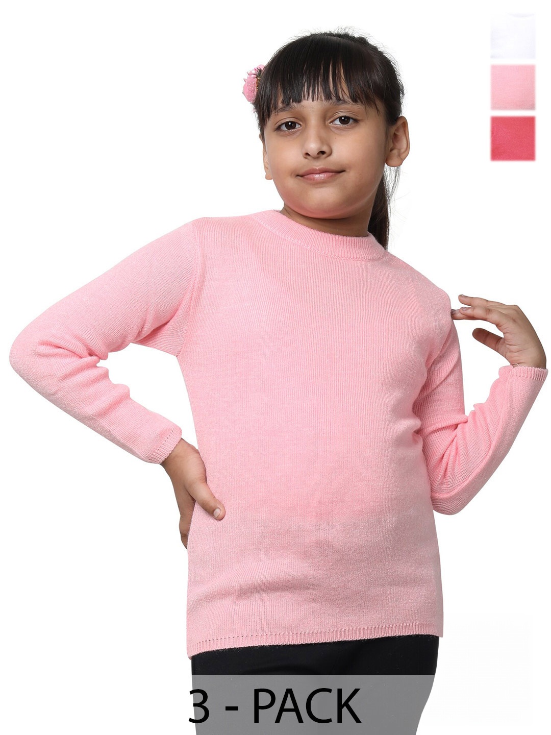 

IndiWeaves Girls Pack of 3 High Neck Woollen Pullover, Pink