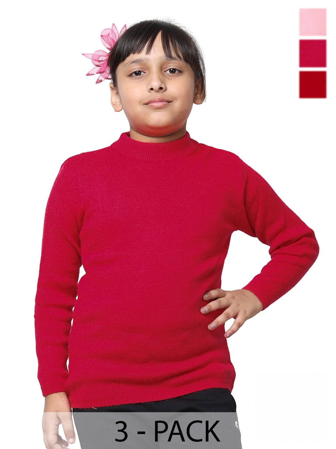 

IndiWeaves Girls Pack of 3 High Neck Woollen Pullover, Red