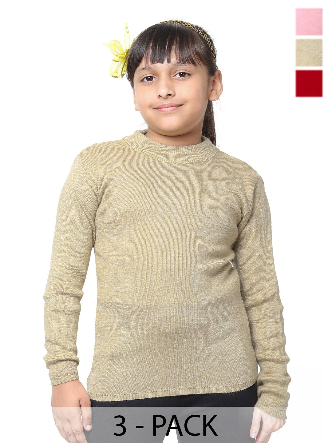 

IndiWeaves Girls Pack of 3 Woollen Pullover Detail, Beige