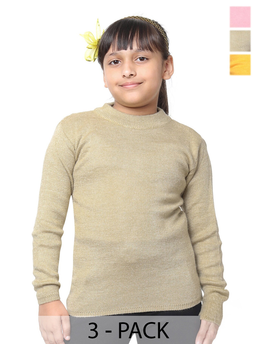 

IndiWeaves Girls Pack of 3 Woollen Pullover, Yellow