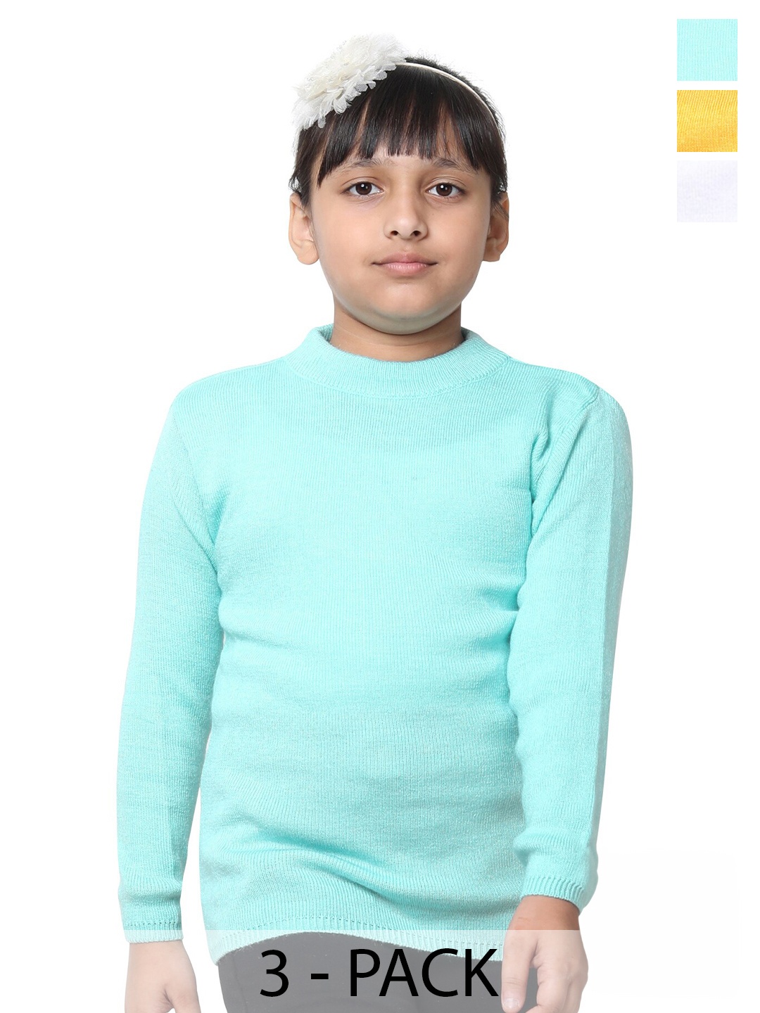 

IndiWeaves Girls Pack Of 3 Round Neck Long Sleeve Pullover Wool Sweaters, White