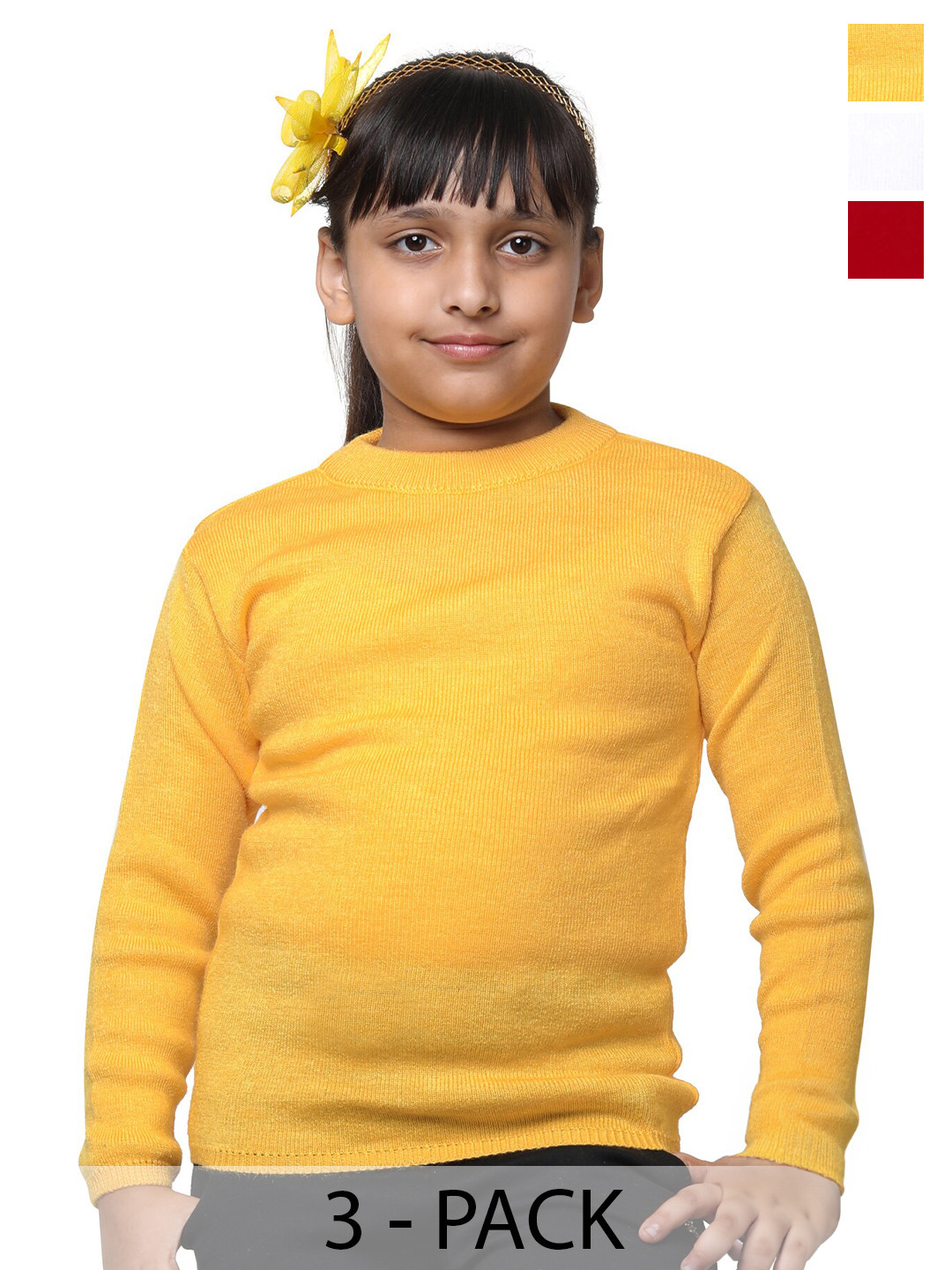 

IndiWeaves Girls Pack Of 3 Round Neck Long Sleeve Pullover Wool Sweaters, Red