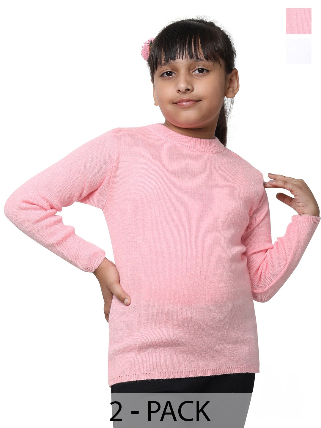 

IndiWeaves Girls Pack Of 2 Round Neck Long Sleeve Pullover Wool Sweaters, Pink