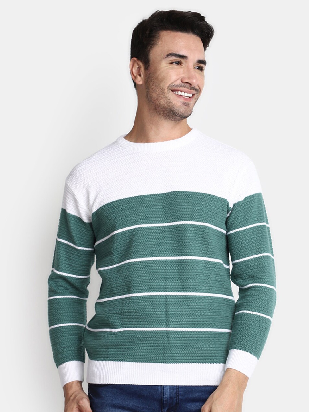 

V-Mart Striped Cotton Pullover Sweaters, Green