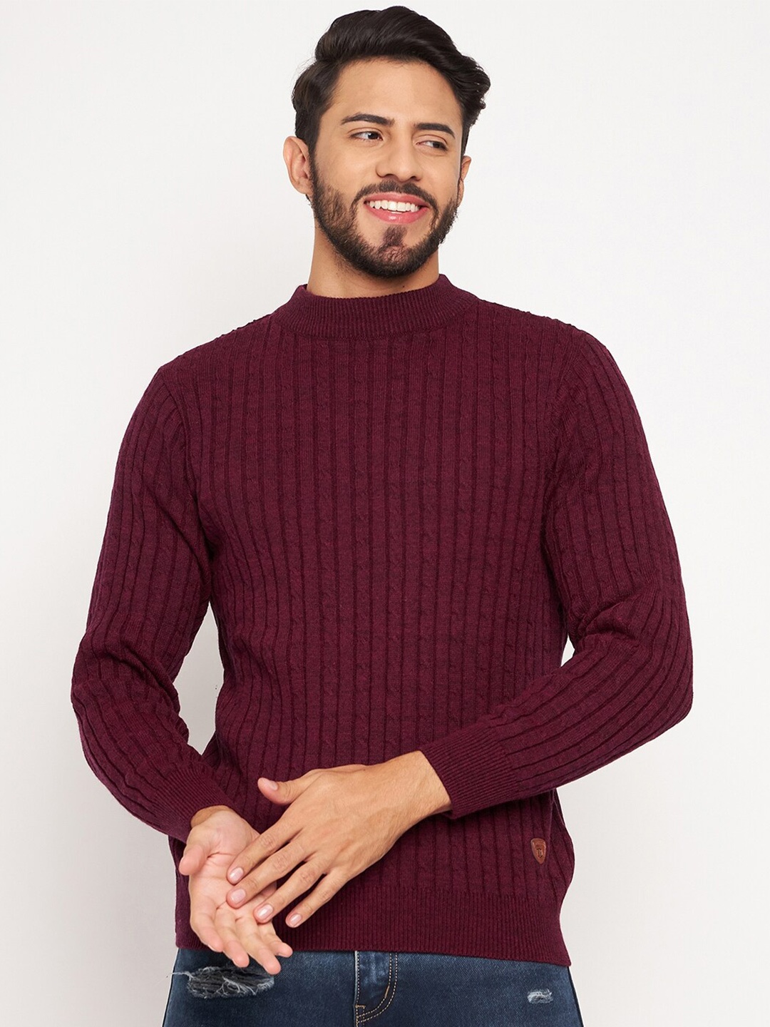 

Duke Self Designed Mock Collar Ribbed Acrylic Pullover, Maroon