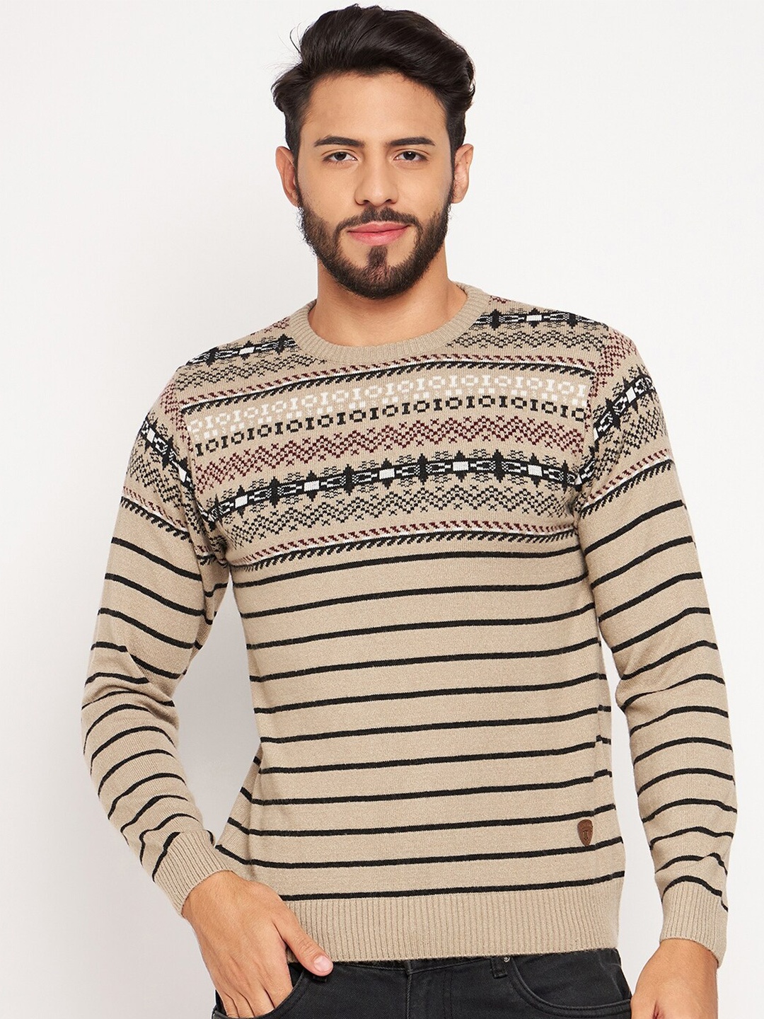 

Duke Striped Round Neck Ribbed Pullover Sweaters, Beige