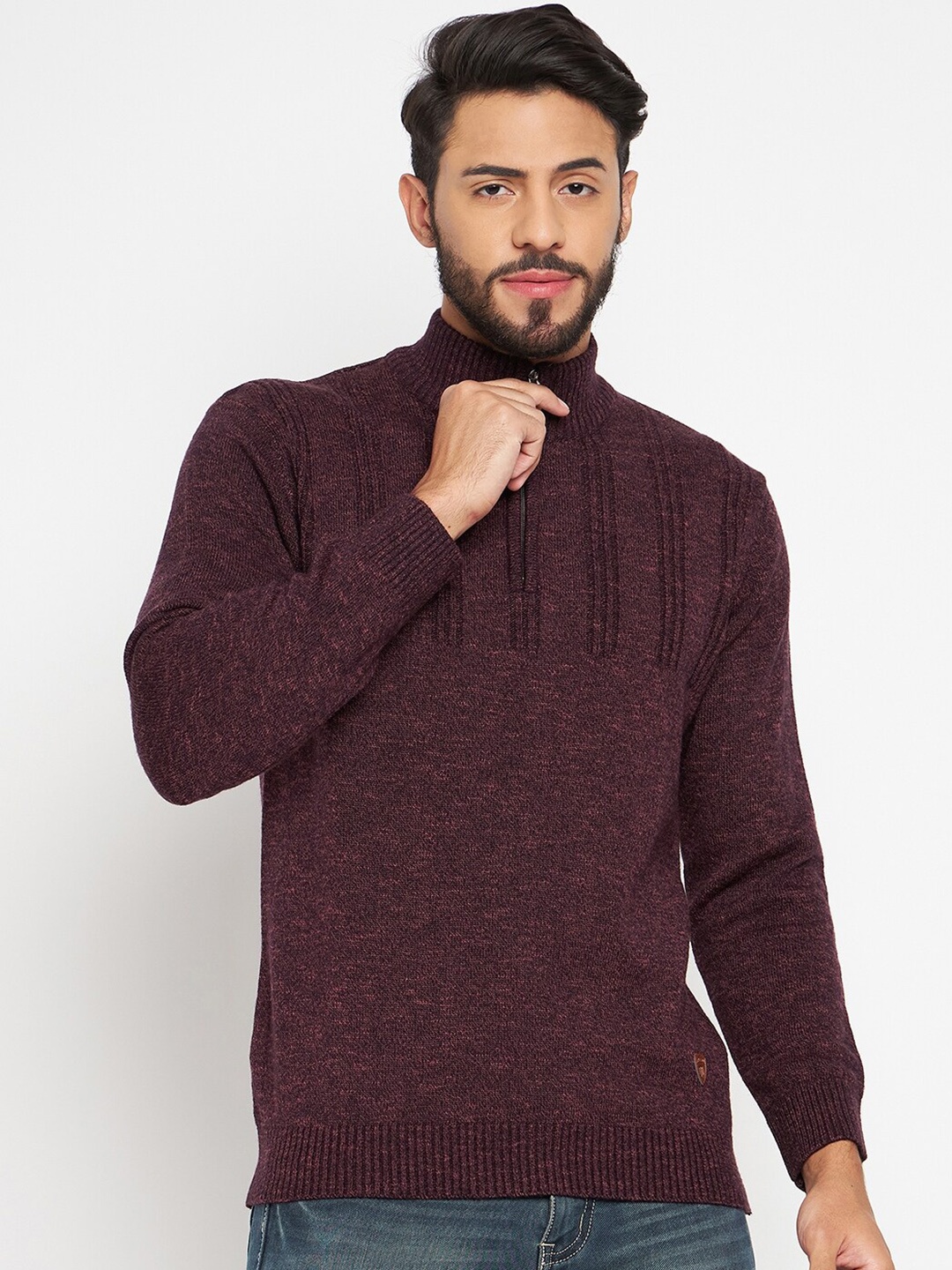 

Duke Striped Mock Collar Long Sleeves Acrylic Pullover Sweaters, Maroon