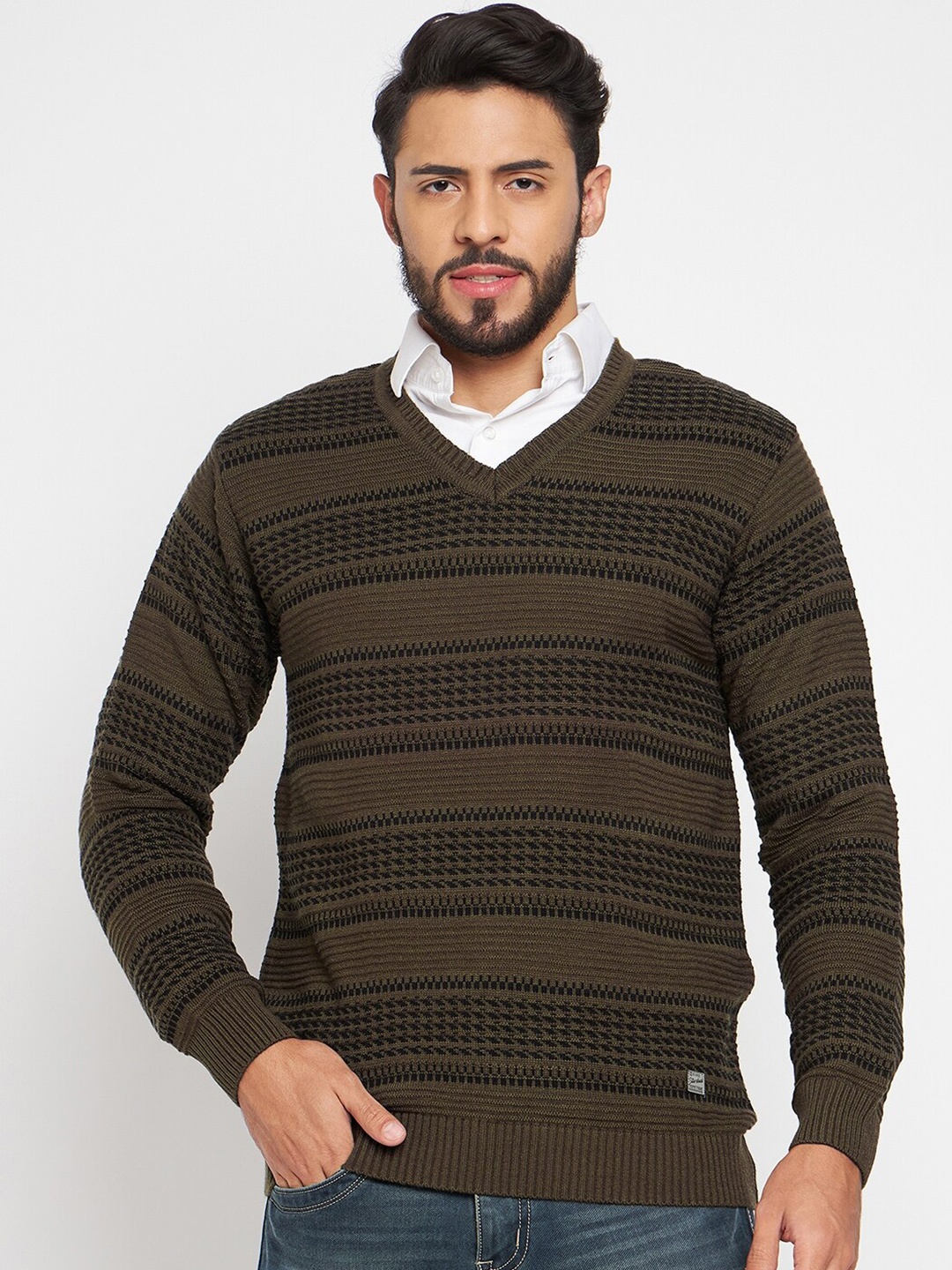 

Duke Geometric Printed V-Neck Long Sleeves Acrylic Pullover Sweaters, Brown