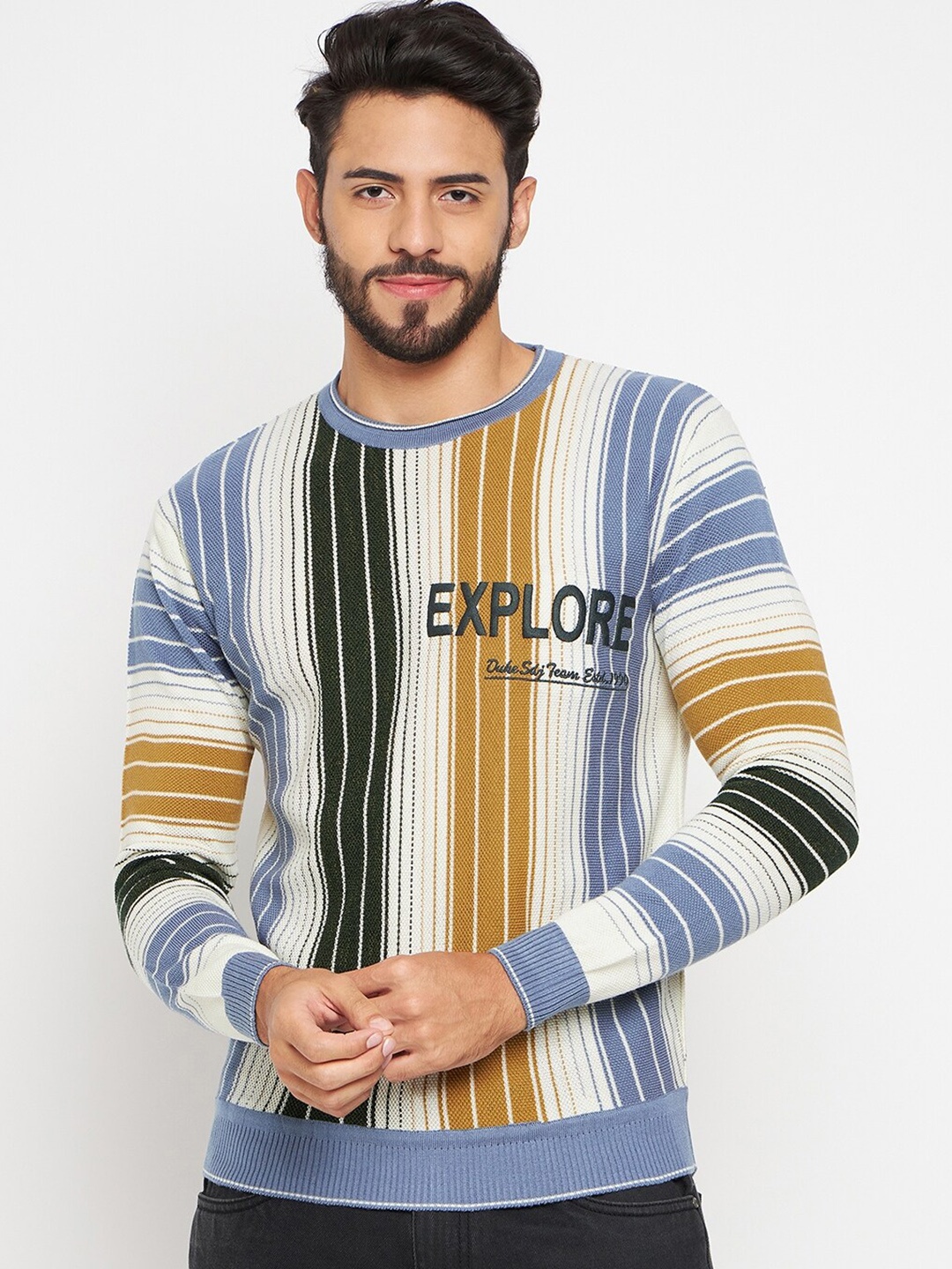 

Duke Striped Round Neck Acrylic Pullover, White