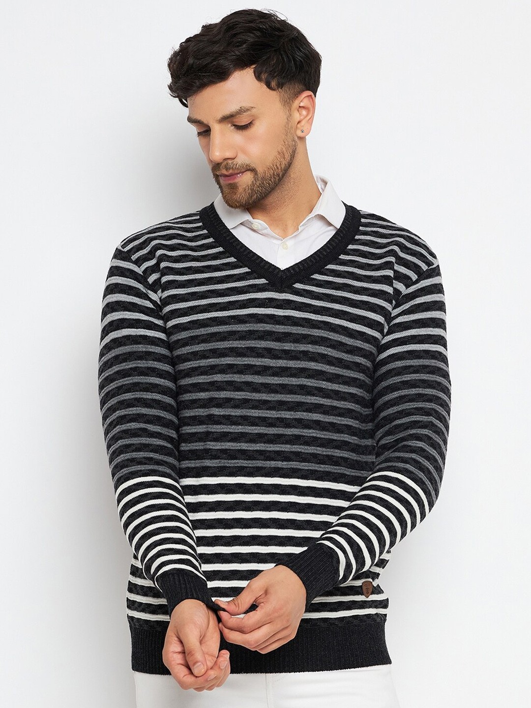 

Duke Striped V-Neck Acrylic Pullover, Black