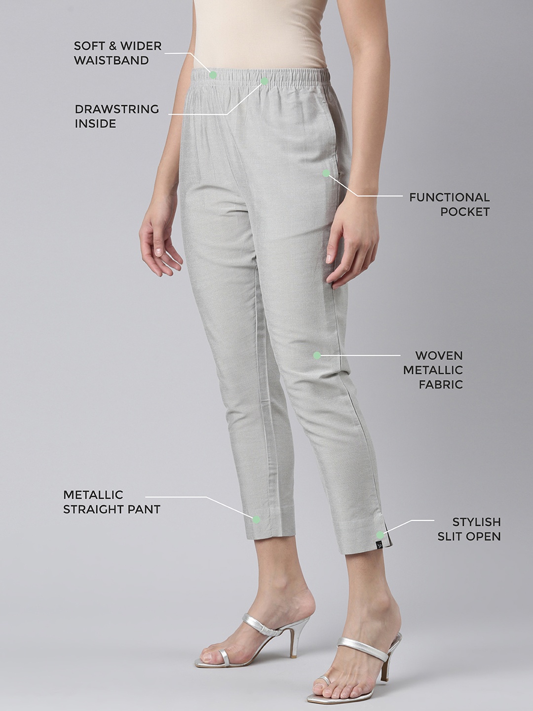

TWIN BIRDS Women Mid-Rise Shimmer Solid Functional Pockets Straight Trousers, Grey
