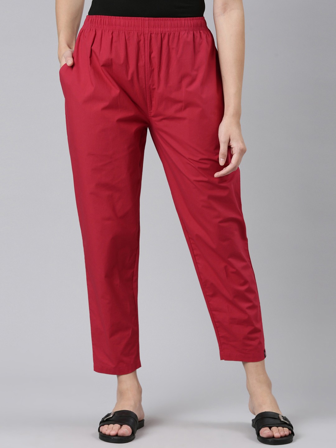 

TWIN BIRDS Women Classic Mid-Rise Pure Cotton Trousers, Red