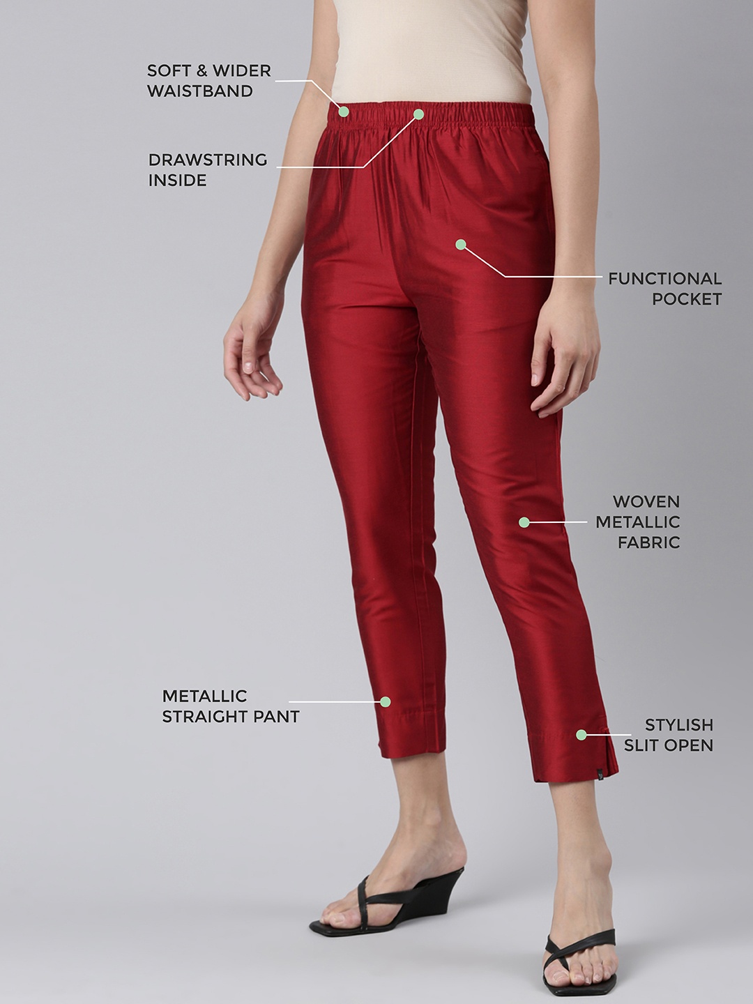 

TWIN BIRDS Women Mid-Rise Shimmer Solid Functional Pockets Straight Trousers, Red