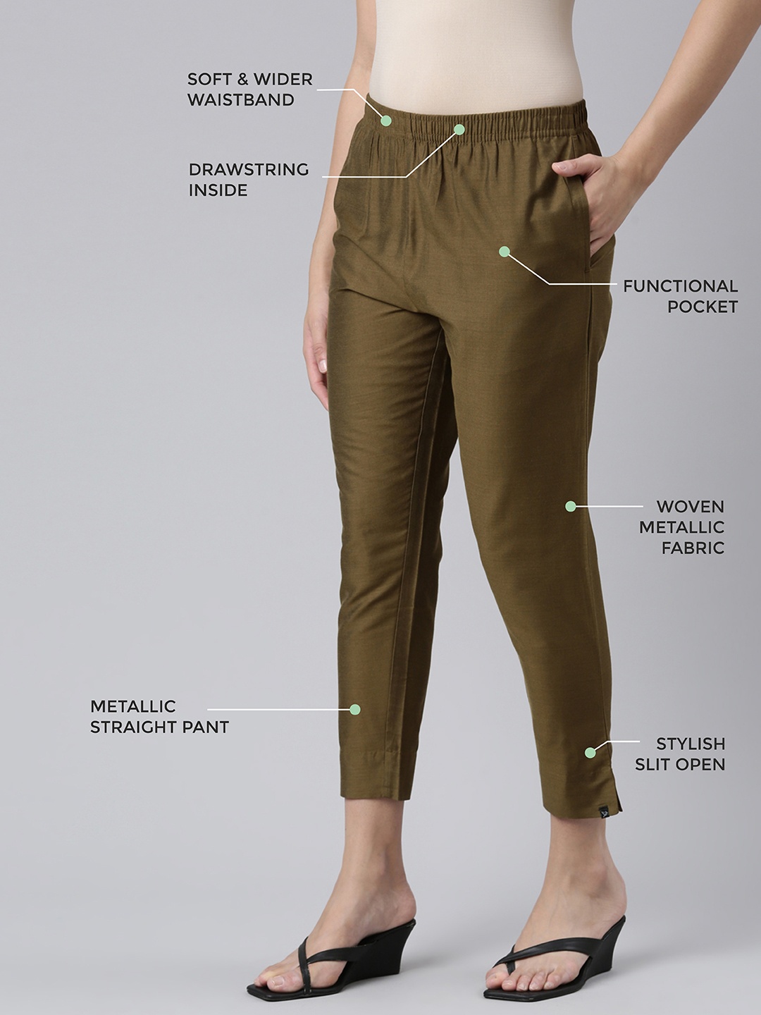 

TWIN BIRDS Women Mid-Rise Shimmer Solid Functional Pockets Straight Trousers, Green