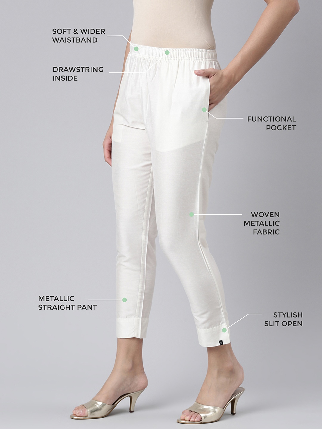 

TWIN BIRDS Women Mid-Rise Shimmer Solid Functional Pockets Straight Trousers, White