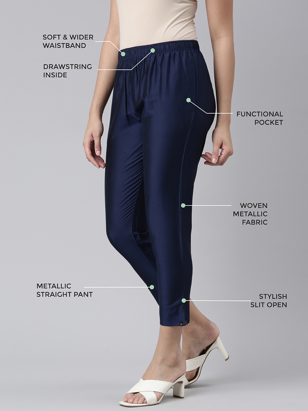 

TWIN BIRDS Women Mid-Rise Shimmer Solid Functional Pockets Straight Trousers, Navy blue